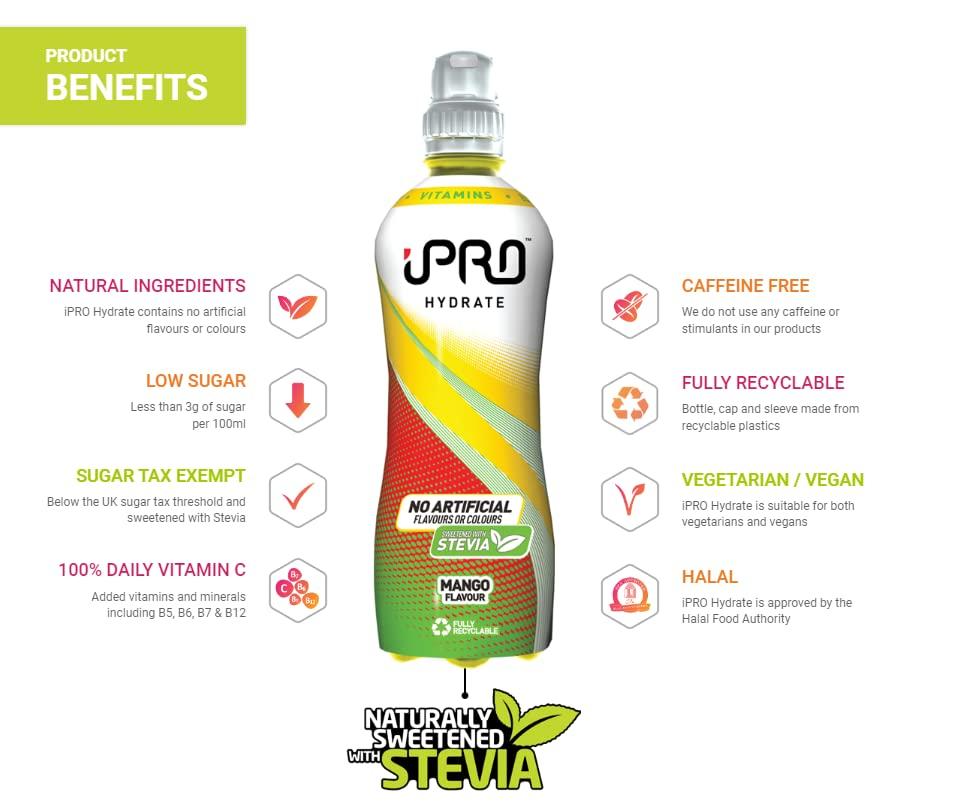IPro Sports Holdings Ltd IPRO Hydrate - (12 x 500ml Bottles) Thirst-Quenchingly Healthy Hydration Drink, Placing Wellbeing At The Heart Of Its Chosen Ingredients. "Recommended By Park Run" (Orange & Pineapple)