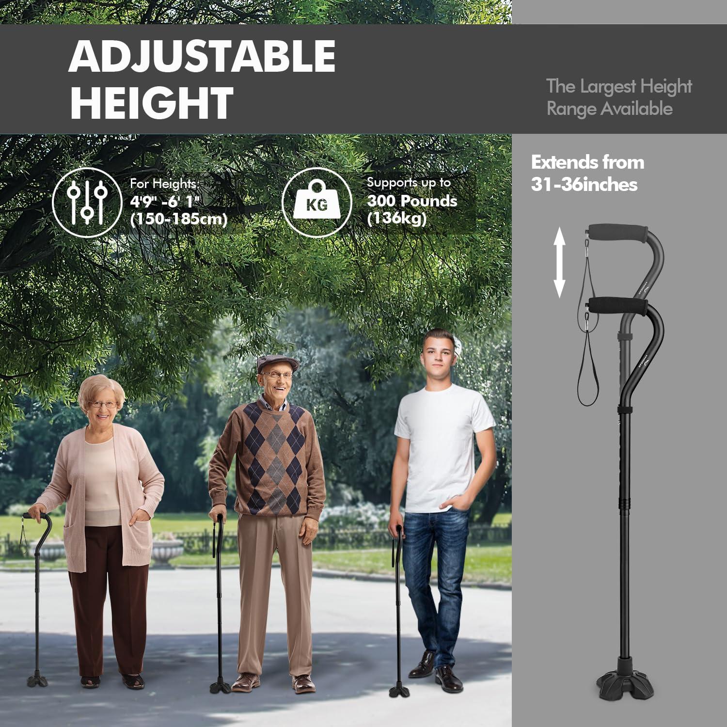 KINGGEAR KINGGEAR Adjustable Cane for Men & Women - Lightweight & Sturdy Offset Walking Stick - Mobility Aid for Elderly, Seniors & Handicap Black