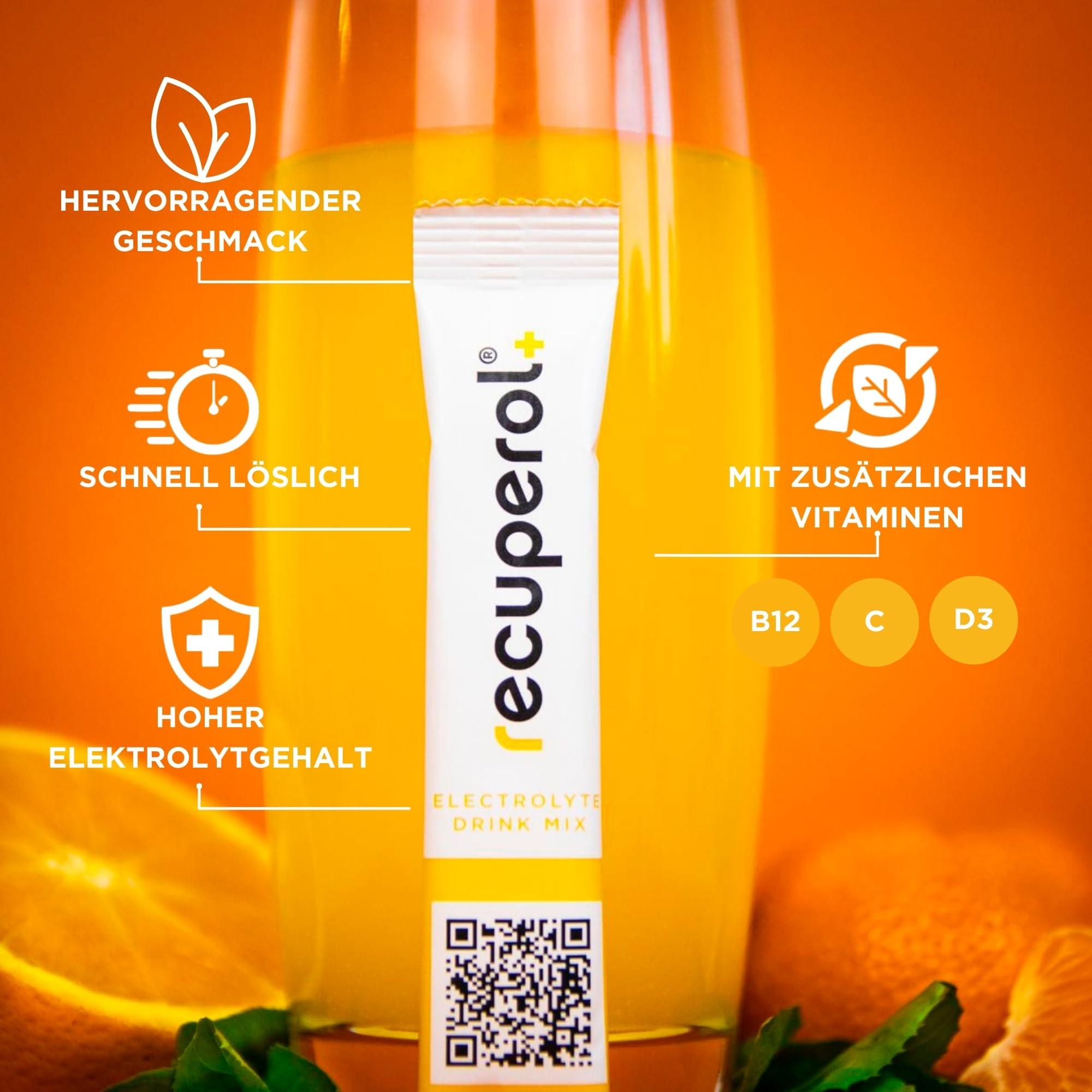 Recuperol Recuperol Electrolytes Sachets | Electrolytes Powder for Rehydration | 20 Sachets | Sugar-Free Hydration Powder | Zinc, Vitamin C, B12, D3, Potassium | Natural Orange Flavour