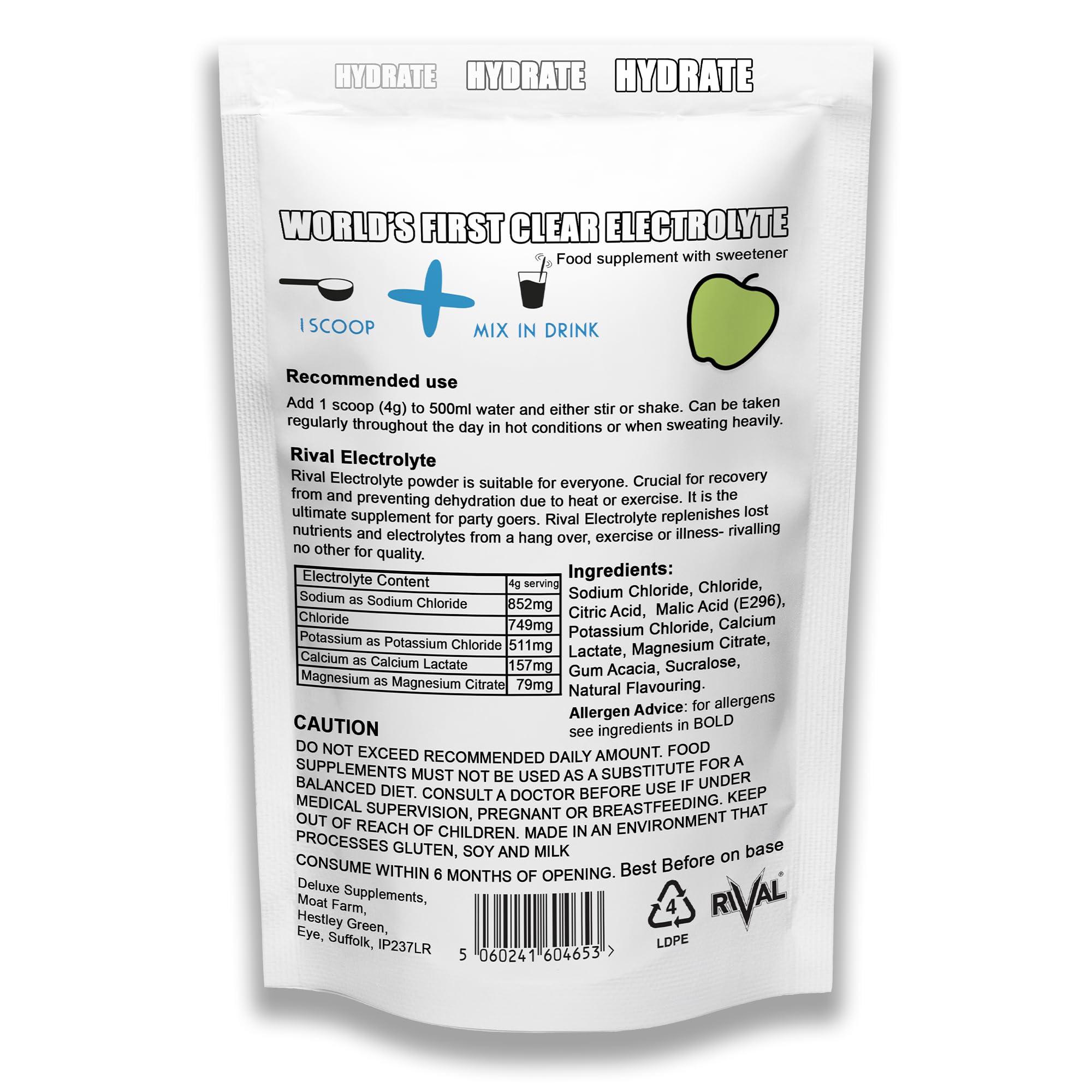 Rival Sports Fuel Rival Electrolyte Powder 250g Rapid Rehydration Naturally Flavoured, Sugar Free, Zero Carbs, Vegan, Keto Friendly - 62 Servings Made in The UK | Apple