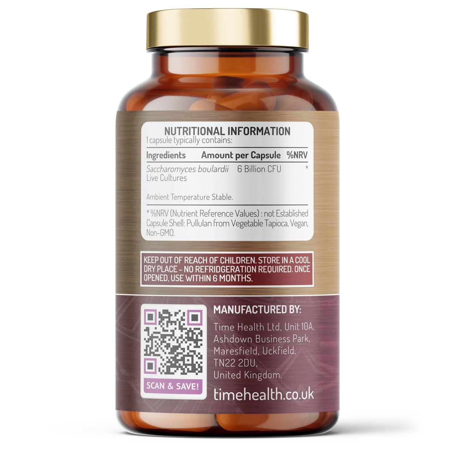 Time Health New: Saccharomyces Boulardii Probiotic 6 Billion CFU 120 Capsules Travel Ready S Boulardii (No Refrigeration Required) Proven to Reach The Gut Alive Vegan GMP UK Supplement