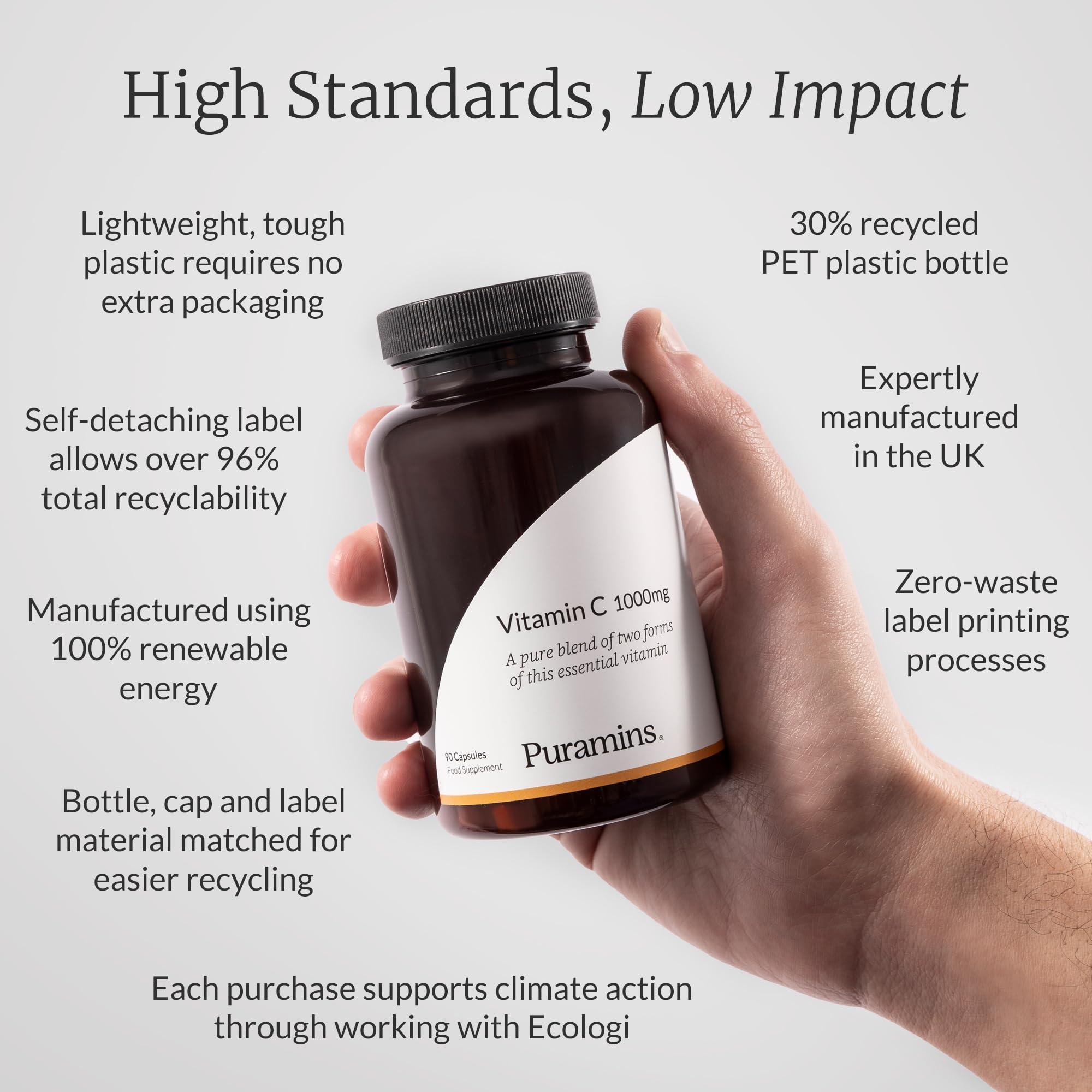 puramins Vitamin C 1000mg, Pure High Strength Vitamin C Capsules with No Additives, Fillers or Binders, Ascorbic Acid and Sodium Ascorbate Powder Complex Supplement, 90 Vegan Capsules, Made in UK by Puramins