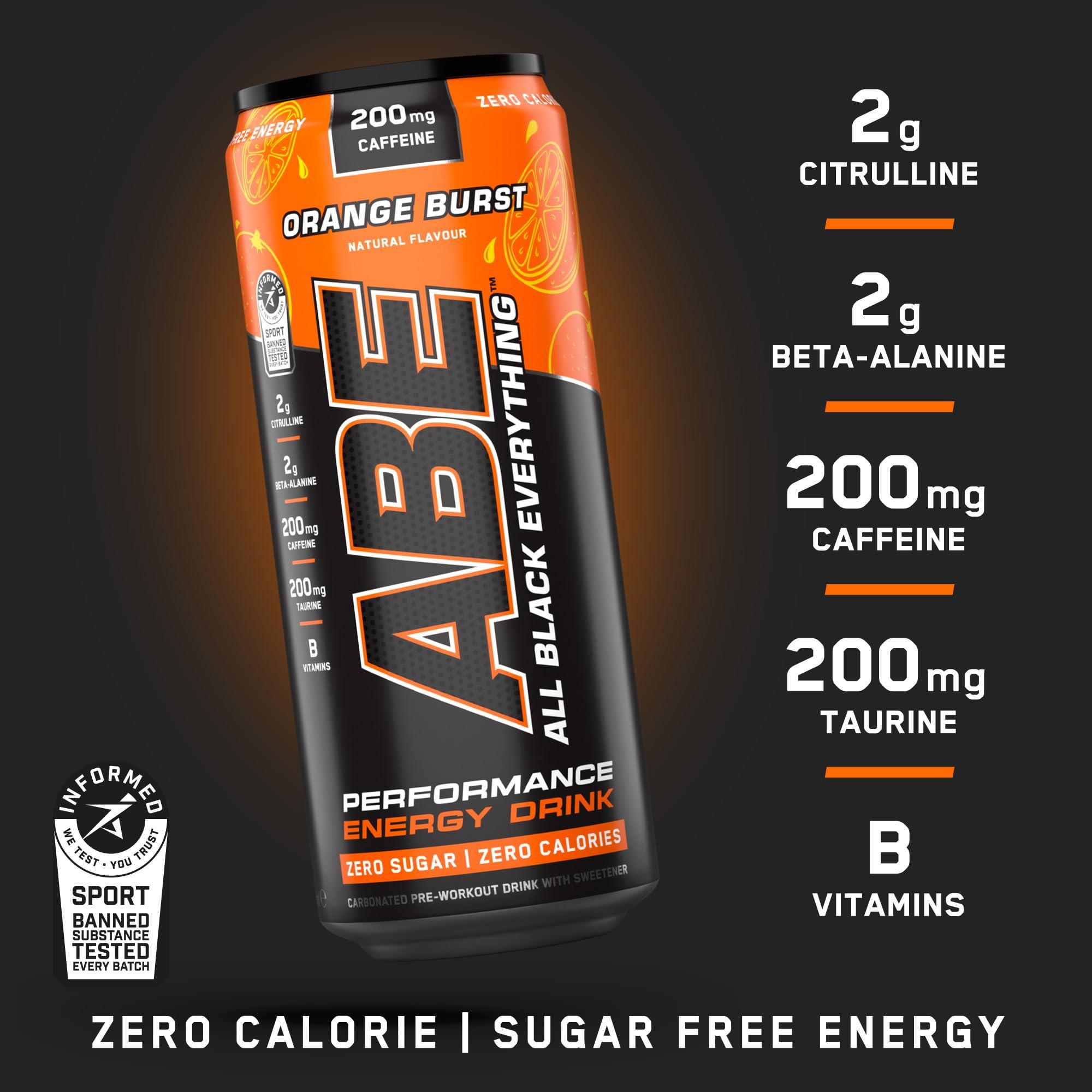 Applied Nutrition Applied Nutrition ABE Pre Workout Cans - All Black Everything Energy + Performance Drink, ABE Carbonated Beverage Sugar Free with Caffeine (Pack of 24 Cans x 330ml) (Orange Burst)