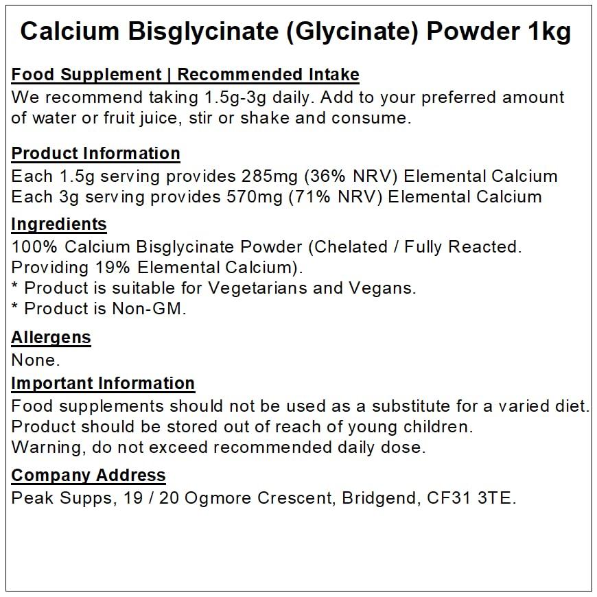 Peak Supps Calcium Bisglycinate Powder - Chelated - Bone Support (1kg)