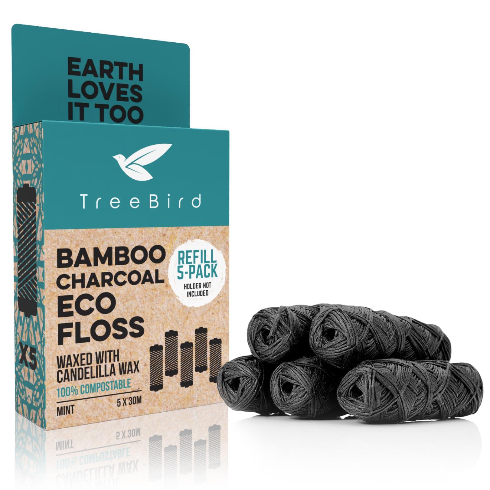 TreeBird Biodegradable Bamboo Charcoal Eco Floss Refills | Refill 5-Pack | Vegan & Cruelty-Free | Zero Waste Dental Care | Mint