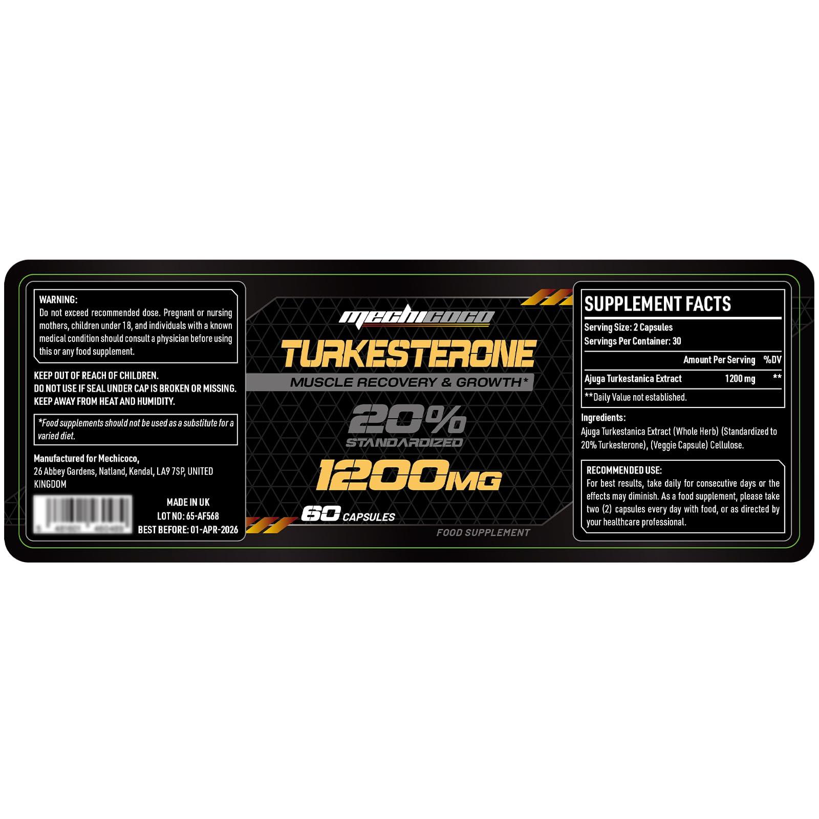 Mechicoco Turkesterone Supplement 1200mg Ajuga Turkestanica Extract (4 Packages)- High Strength, Standardized to 20% Turkesterone, Muscle Growth & Strength - Vegan, Free from Soy, Additives