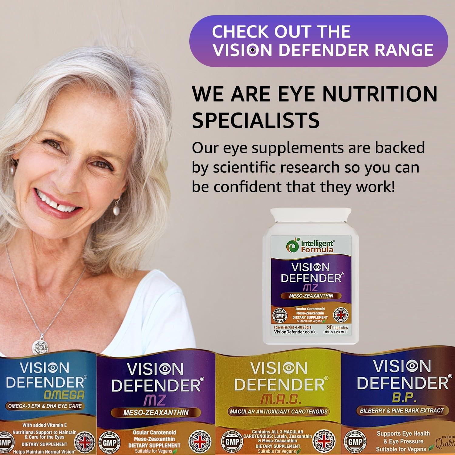 Intelligent Formula Meso Zeaxanthin Supplement - VISION DEFENDER MZ High Strength Eye Vitamins Nutrients & Antioxidant Carotenoid for Ocular Health, Eye Care & Eyesight Support Vegan (90 capsules/One-A-Day) Made in UK