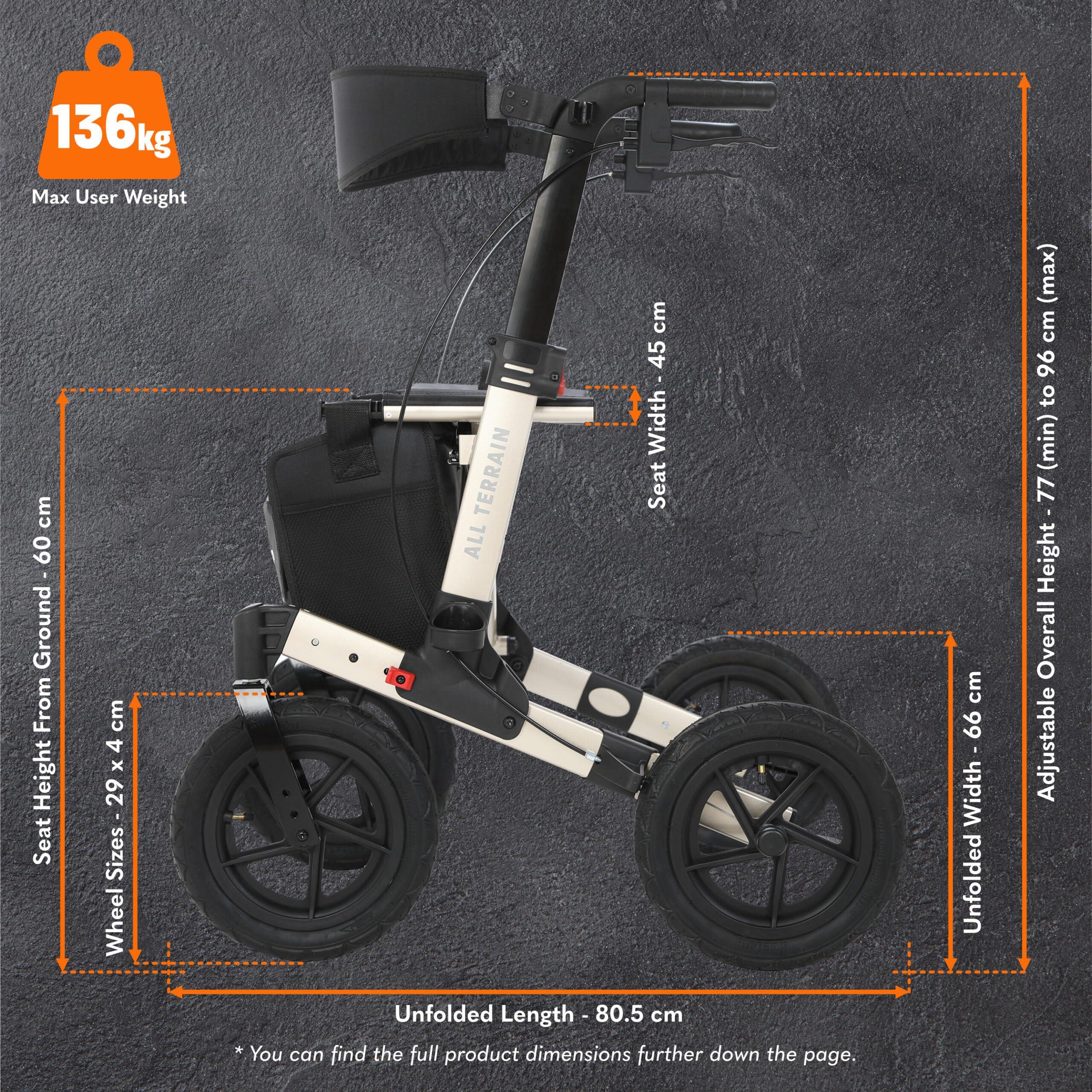 MobiQuip MobiQuip All Terrain 4 Wheel Walker with Seat, Folding Rollator with Large Wheels, Lightweight and Easy to Manoeuvre Over All Terrains, Walker for Adults Mobility or Walking Aid (Champagne)