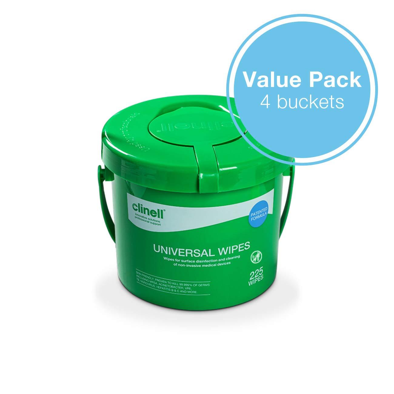 Clinell Clinell Universal Cleaning and Disinfectant Wipes for Surfaces - Pack of 4 Buckets - 225 Wipes per Pack (900 Wipes) - Multi Purpose Wipes, Kills 99.99% of Germs, Quick Action