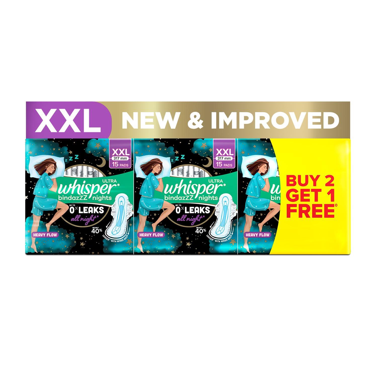 Whisper WHISPER BINDAZZZ NIGHTS SANITARY PADS, 45 XL+ PADS, UPTO 0% LEAKS ALL NIGHT LONG, FOR HEAVY FLOW, 40% LONGER & WIDER BACK, COMFORTABLE CUSHIONY SOFT WINGS, DISPOSABLE WRAPPER