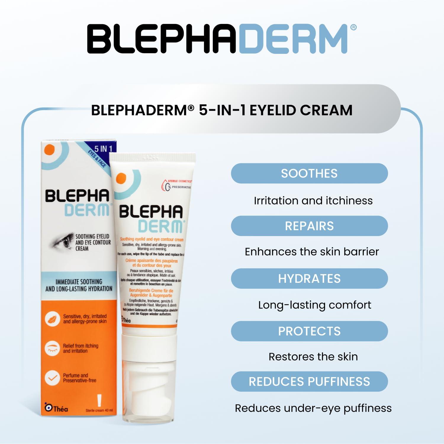 THEA PHARMA BLEPHADERM Soothing Eyelid and Eye Contour Cream - Soothes, Protects, Repairs, Moisturises And Reduces Puffiness - for sensitive, dry, irritated, skin around the eye area. 40ml