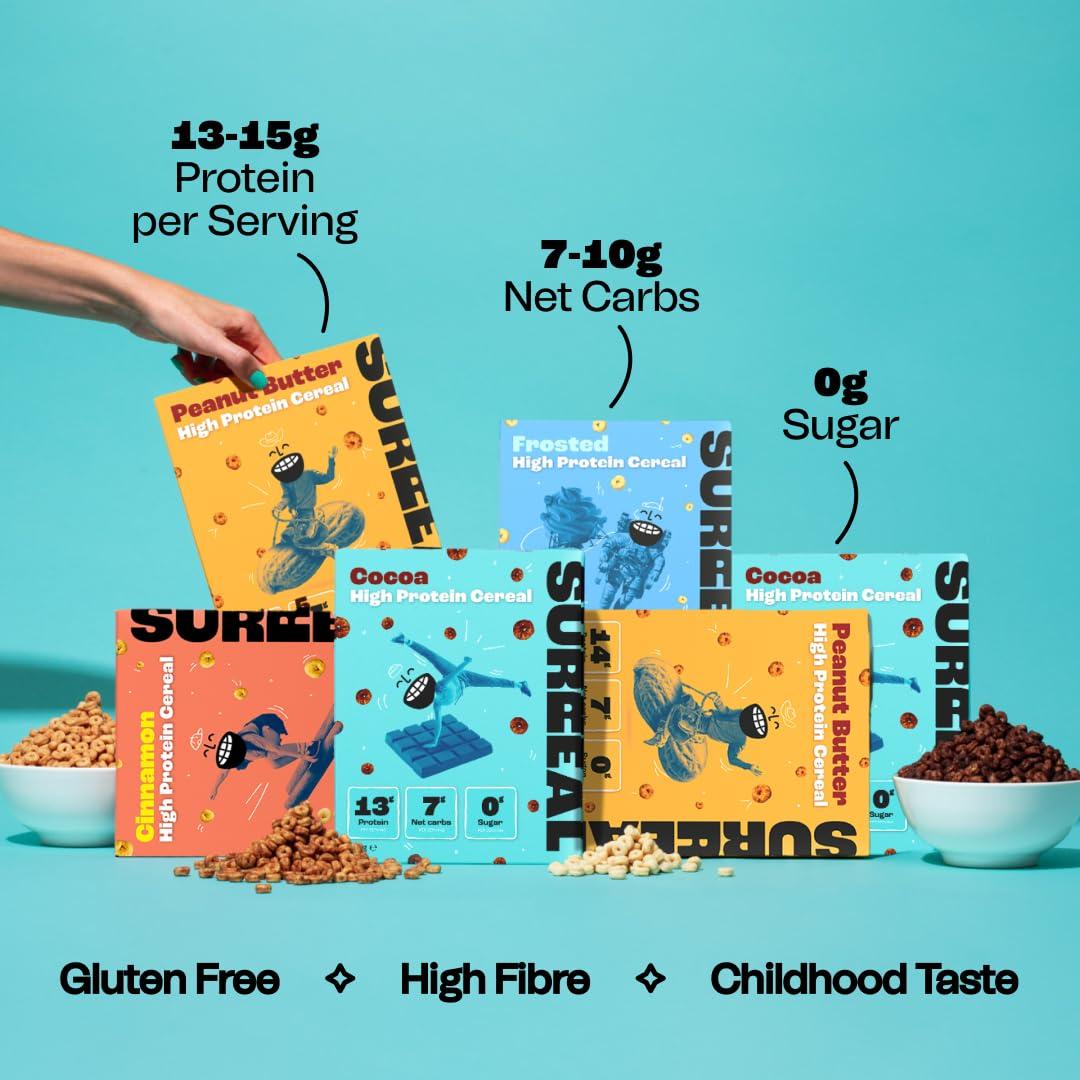 Surreal Surreal Cocoa - High Protein Cereal 6 Pack - Zero Sugar- Healthy Plant Based Cereal - High in Fibre - Low Carb - Gluten Free - Vegan - 13g of Protein, 0g of Sugar - 240g per Box