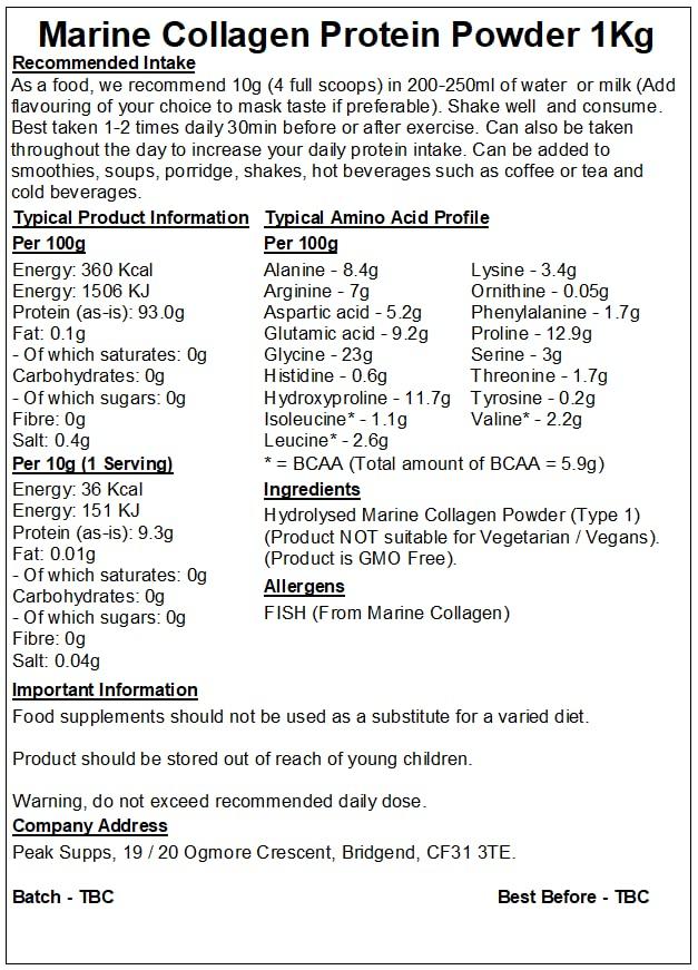 Peak Supps Marine/Fish Hydrolysed Collagen Protein Powder 1kg - Type 1 Peptides