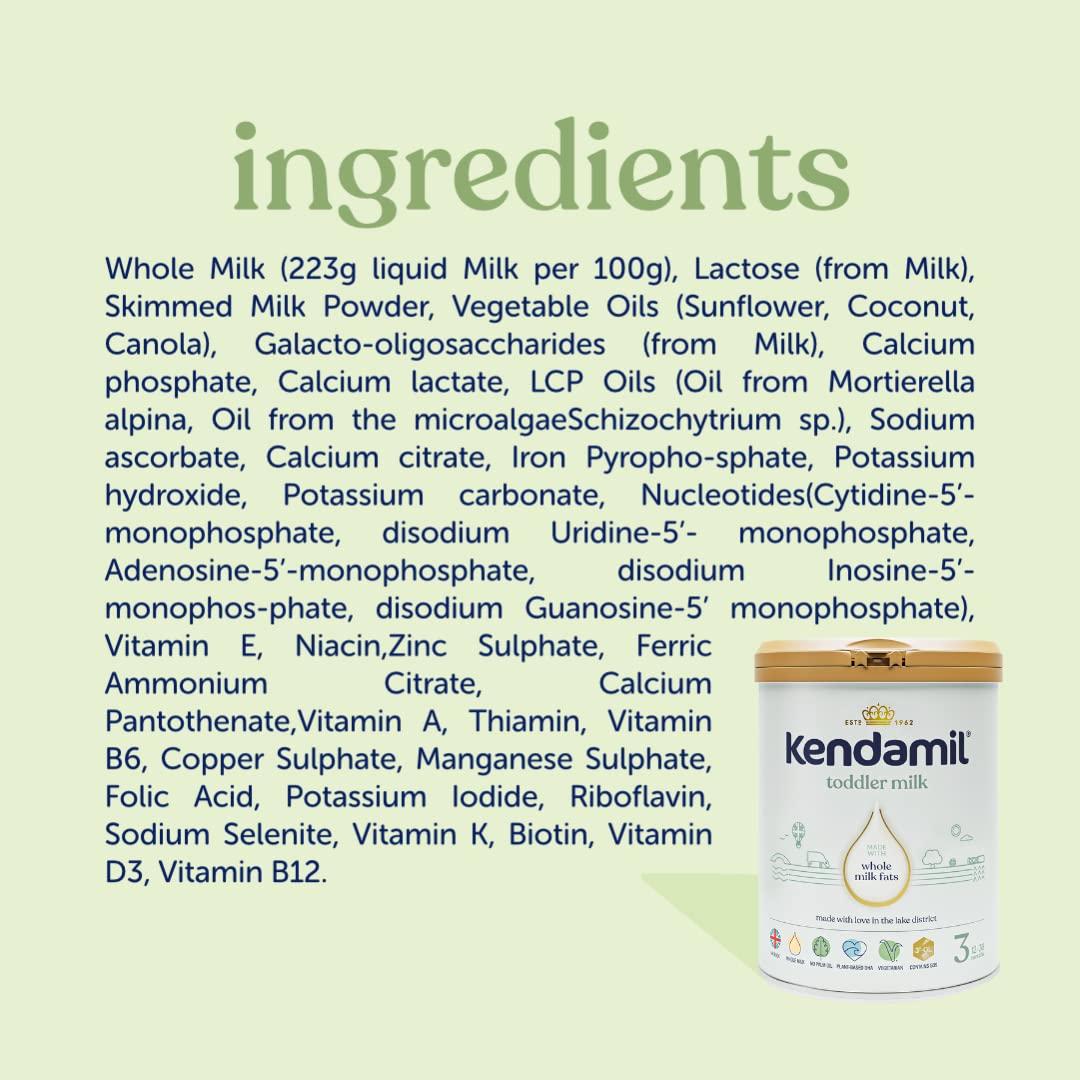 Kendamil (4x800g) Kendamil Toddler Milk, Stage 3, 6-Pack British Made, Whole Milk Formula, 12-36 Months Vegetarian, No Palm Oil, No GMOs with Omega 3 DHA, Omega 6 ARA and Prebiotics