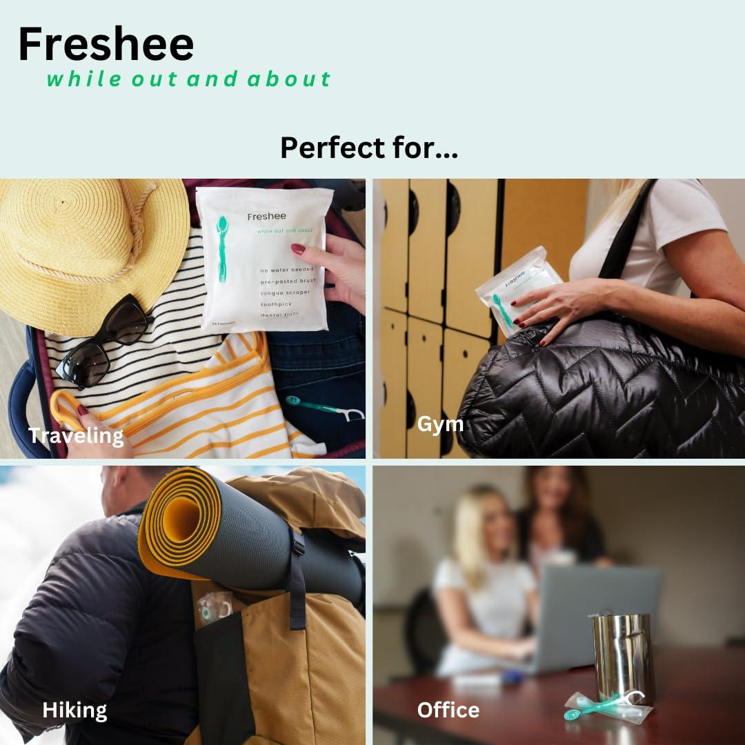 Freshee Freshee Bead - 5 in 1 Disposable Mini Toothbrush with Toothpaste + Floss + Pick + Tongue Scraper | Travel Size | Individually Wrapped | Soft | Extra Minty | Travel Set | Oral Care