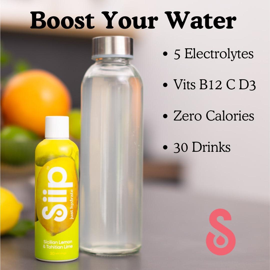 Siip Siip Electrolytes Water Enhancer, Makes 30 Drinks, with Vitamin B12, Vitamin C, Vitamin D3, Magnesium, Zinc, Sicilian Lemon & Tahitian Lime Flavour