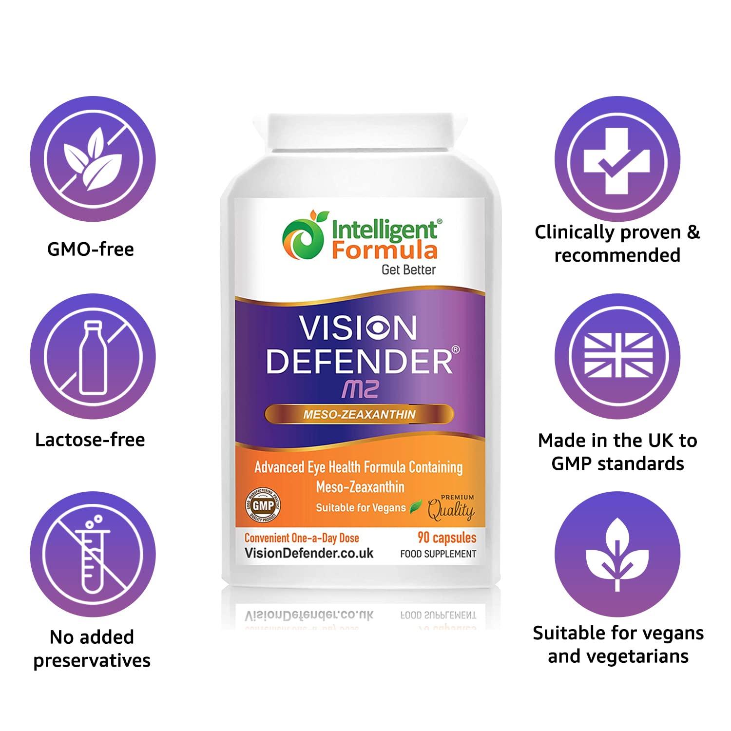 Intelligent Formula Meso Zeaxanthin Supplement - VISION DEFENDER MZ High Strength Eye Vitamins Nutrients & Antioxidant Carotenoid for Ocular Health, Eye Care & Eyesight Support Vegan (90 capsules/One-A-Day) Made in UK