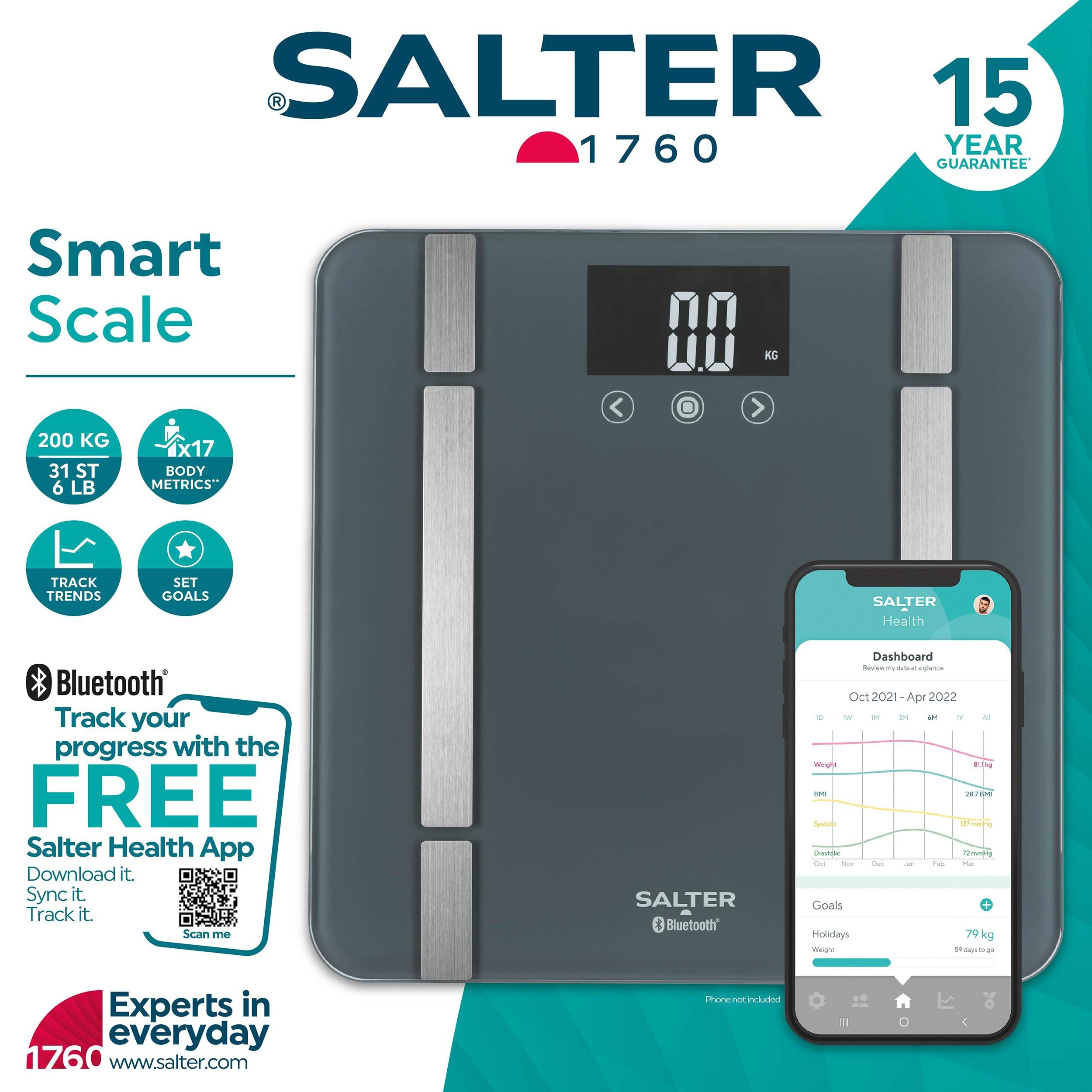 Salter Salter SA00432GFEU6 Bathroom Smart Scale Bluetooth Digital Scale, 200kg, Measure Weight, Body Fat/Water, Muscle/Bone Mass, BMI/BMR, 8 User Memory, Connect to Phone with Free Salter Health App, Grey