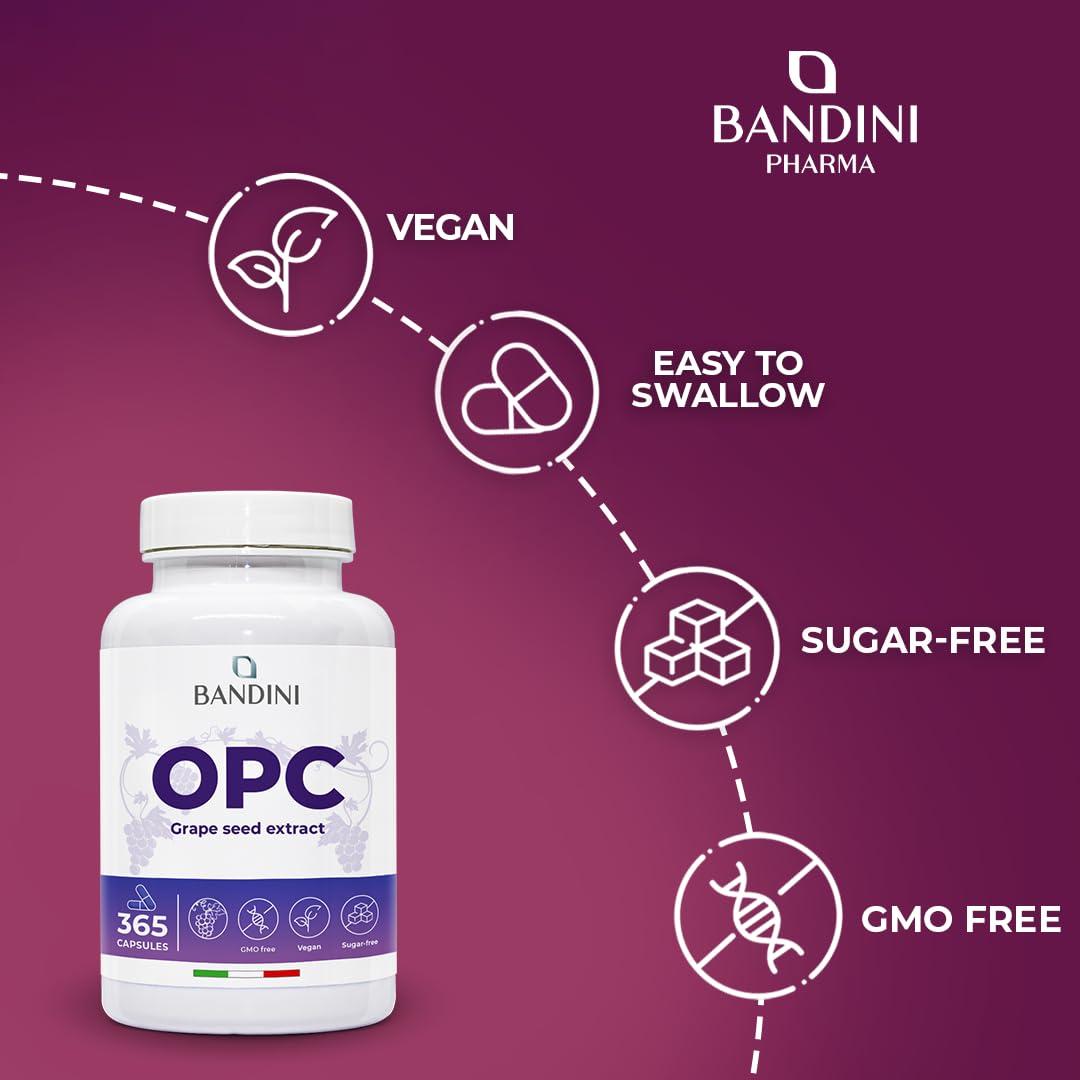 BANDINI Bandini OPC Supplement (95%) Grape Seed Extract | 1076mg OPC + Vitamin C | 365 Capsules | High Strength Antioxidant | Pure Oligomeric Proanthocyanidin 95% from Italian Grapes | Highest HPLC Content