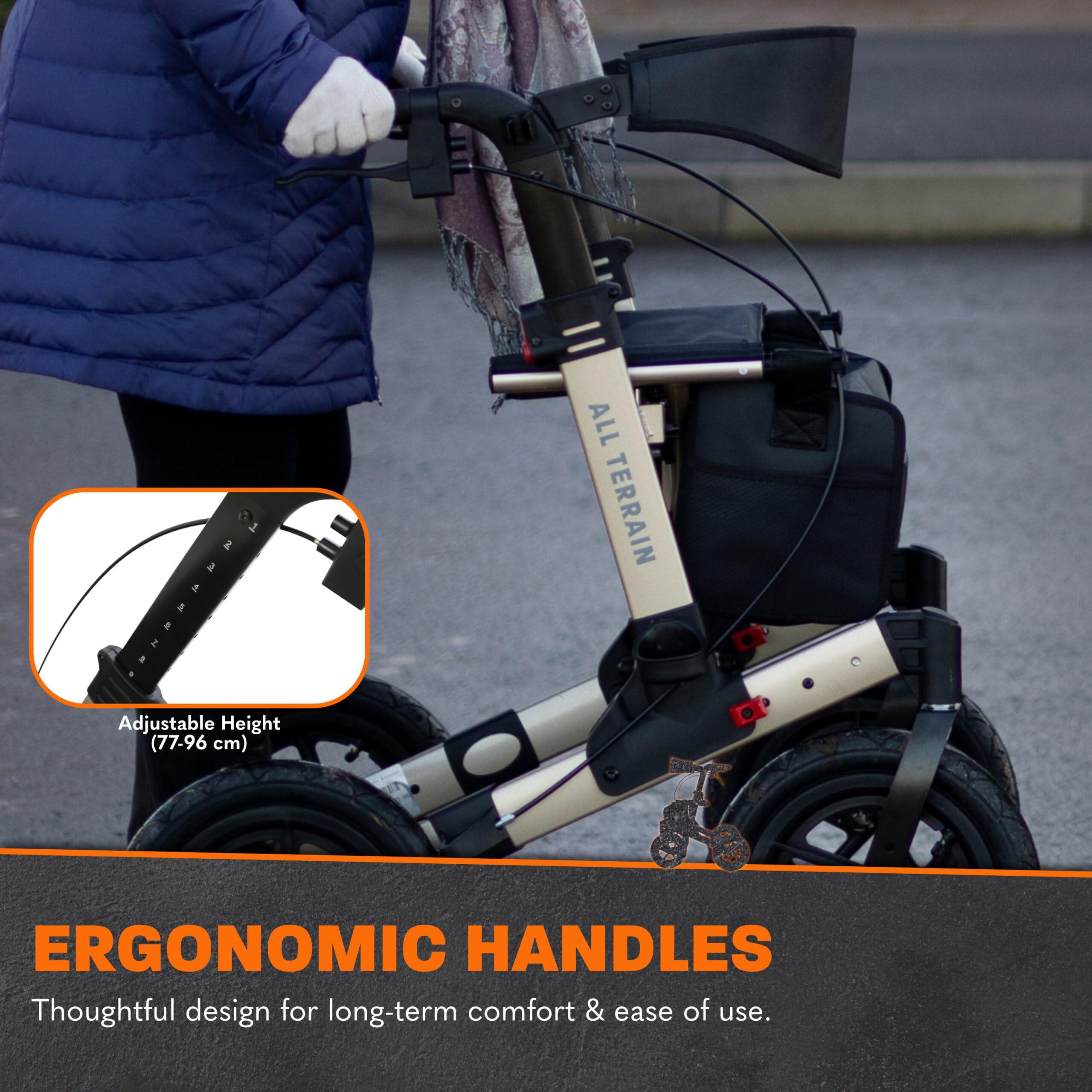 MobiQuip MobiQuip All Terrain 4 Wheel Walker with Seat, Folding Rollator with Large Wheels, Lightweight and Easy to Manoeuvre Over All Terrains, Walker for Adults Mobility or Walking Aid (Champagne)