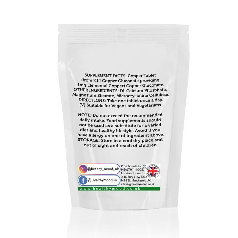 Healthy Mood Copper 1mg Tablets Elemental Gluconate CU for 100% RDA Essential Trace Mineral Supplement for Immunity & Energy