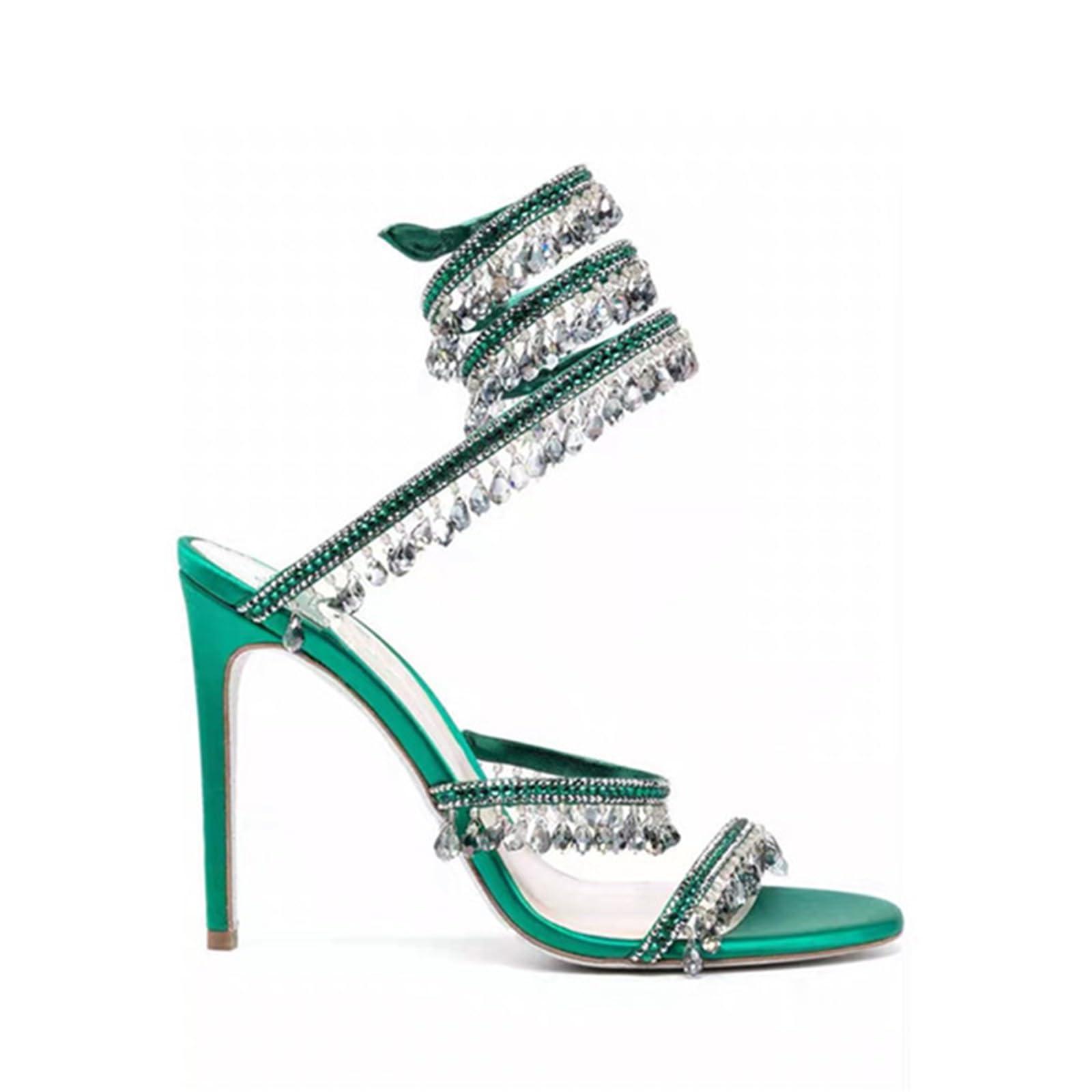 WOkismD WOkismD Women's High Heel Sandals Open Toe Round Toe Stiletto Crystal Ankle Strap Dress Shoes Suitable for Party Wedding,Green,45