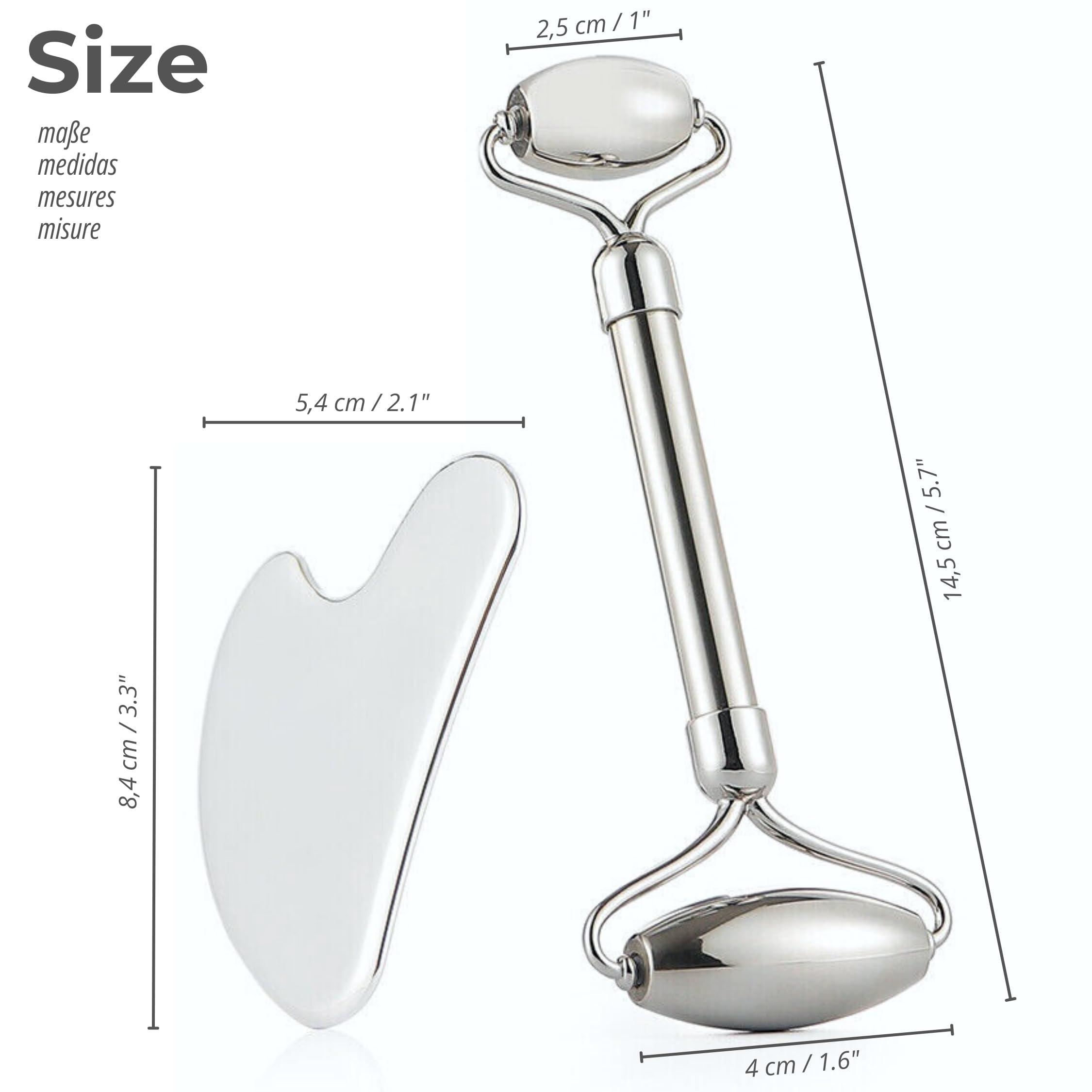 SV life Facial Roller + Gua Sha Stone Set 304 Stainless Steel | Metal Tools Kit for Body Massage, Face, Eyes, Chin, Back, Cellulite Legs | GuaSha Cold Effect Roller