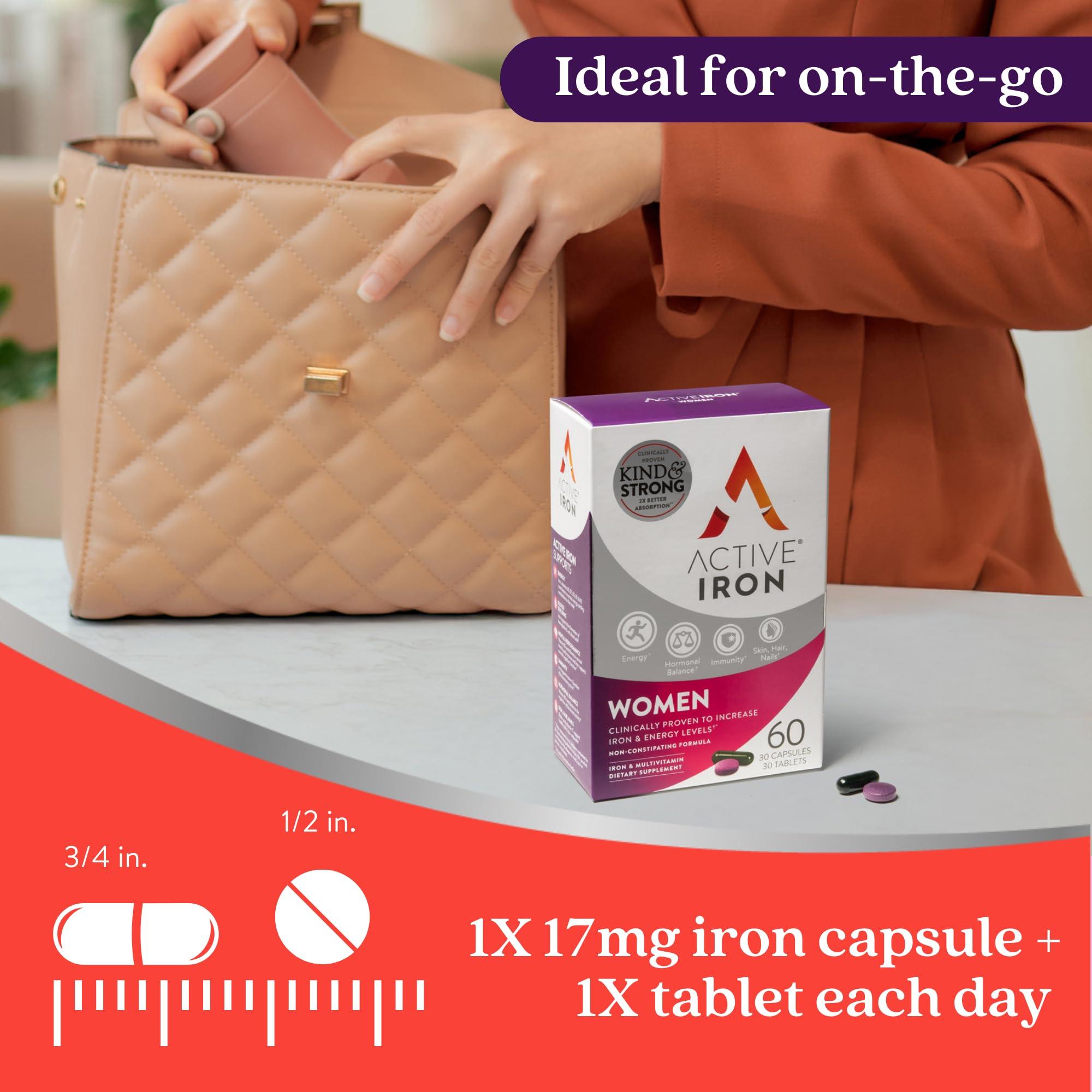 Solvotrin Active Iron Women with Active Multivitamin Supplement 17 mg, High Strength B Vitamins, Non-Constipating, 30 Iron Capsules & 30 Active Multivitamins, 1 Month Supply