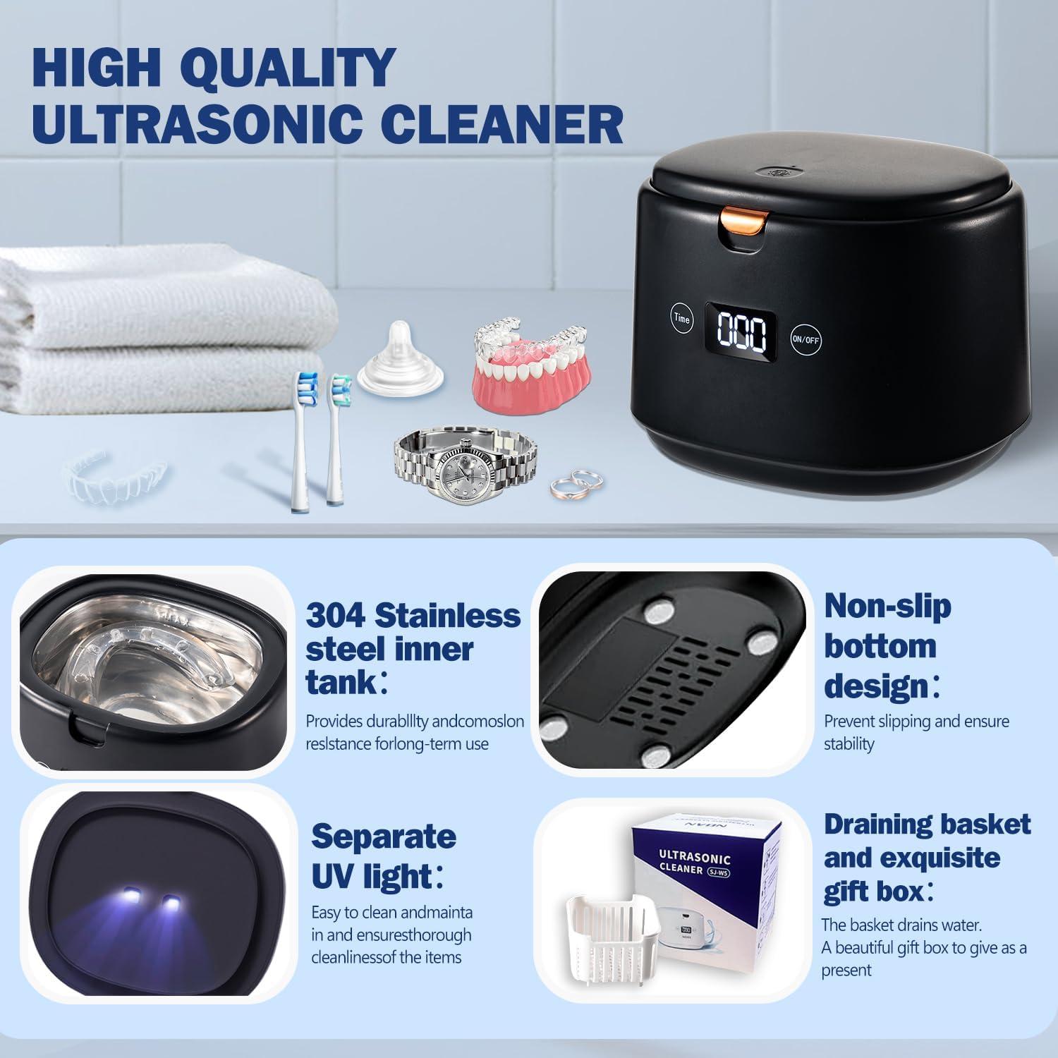 NDAN Ultrasonic Retainer Cleaner, Sonic Dental Cleaning U-V Machine for Dentures, Mouth Guard, Aligner, Toothbrush Head, Jewelry, All Dental Appliances, Portable 30W/45kHz (Black)