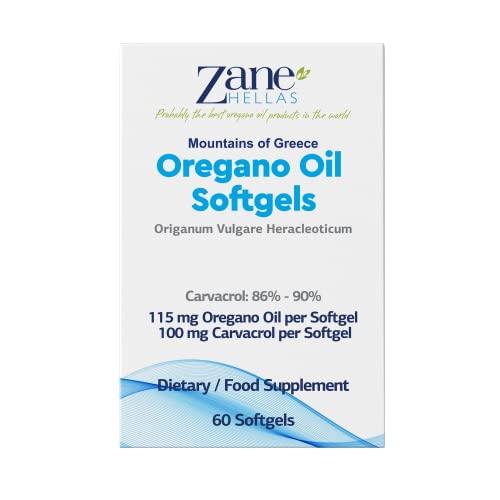 Zane HELLAS Probably the best oregano oil products Zane Hellas Oregano Oil Softgels. Extra Strength. Every Softgel Contains 20% Greek Essential Oil of Oregano. 100 mg Carvacrol per Softgel.60 Softgels.