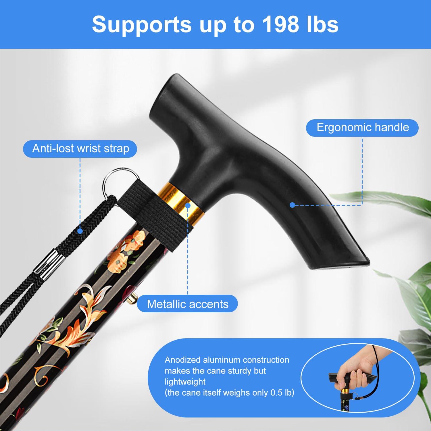 supregear supregear Walking Stick - Adjustable Folding Walking Sticks for Women and Men - Lightweight Portable Collapsible Balancing Aid - Travel Cane for Ladies Elderly Adults, Black Floral