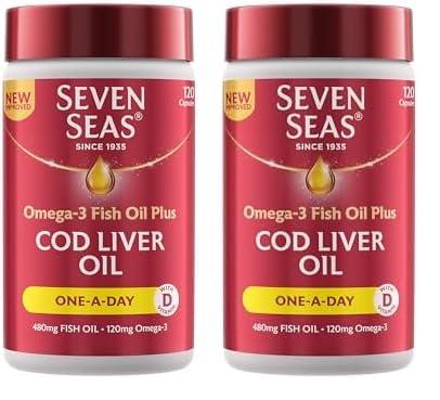 Seven Seas Seven Seas Cod Liver Oil Tablets with Omega-3, Fish Oil, One A Day, 4 Months Supply (120 Capsules), EPA & DHA, with High Strength Vitamin D & A (Pack of 2)