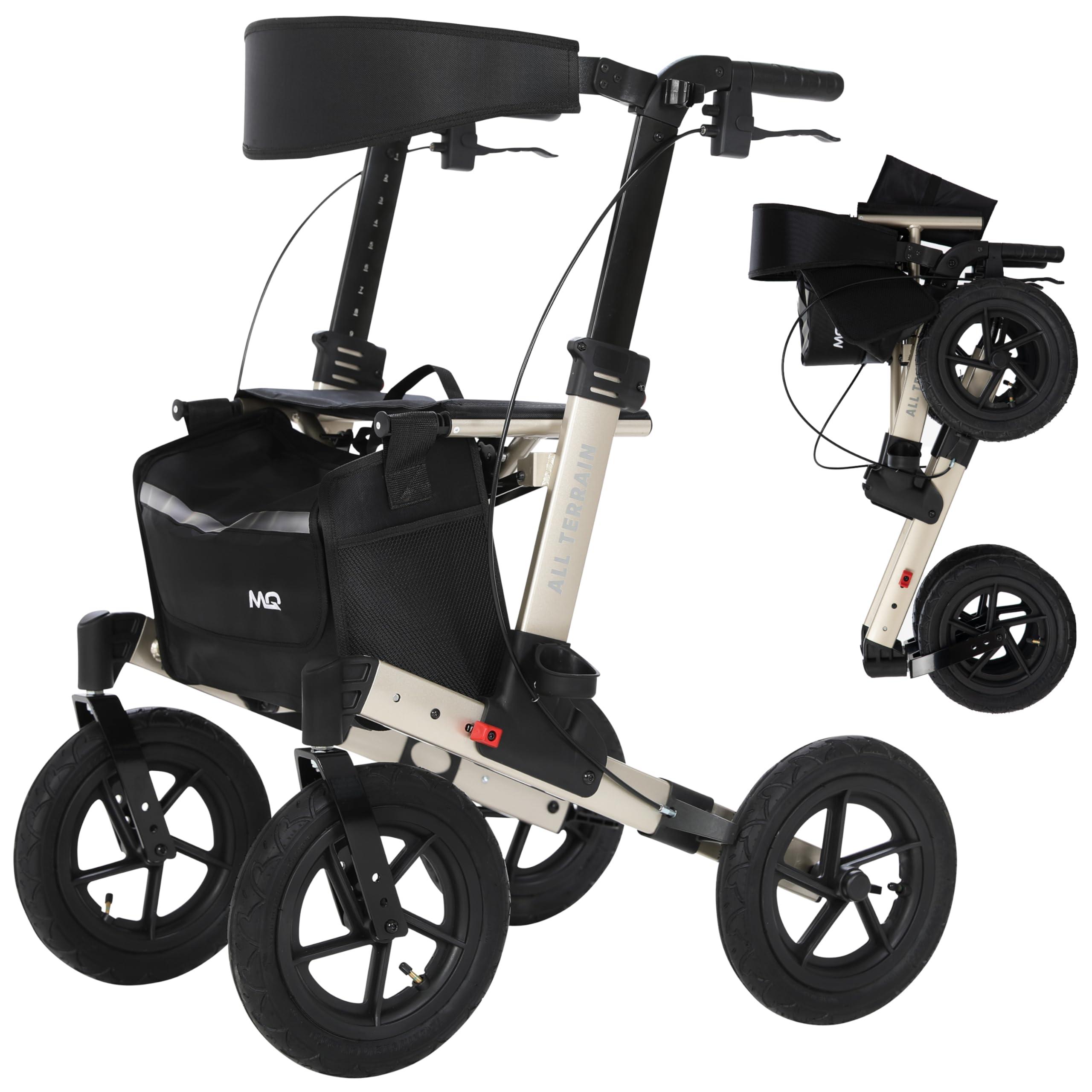 MobiQuip MobiQuip All Terrain 4 Wheel Walker with Seat, Folding Rollator with Large Wheels, Lightweight and Easy to Manoeuvre Over All Terrains, Walker for Adults Mobility or Walking Aid (Champagne)