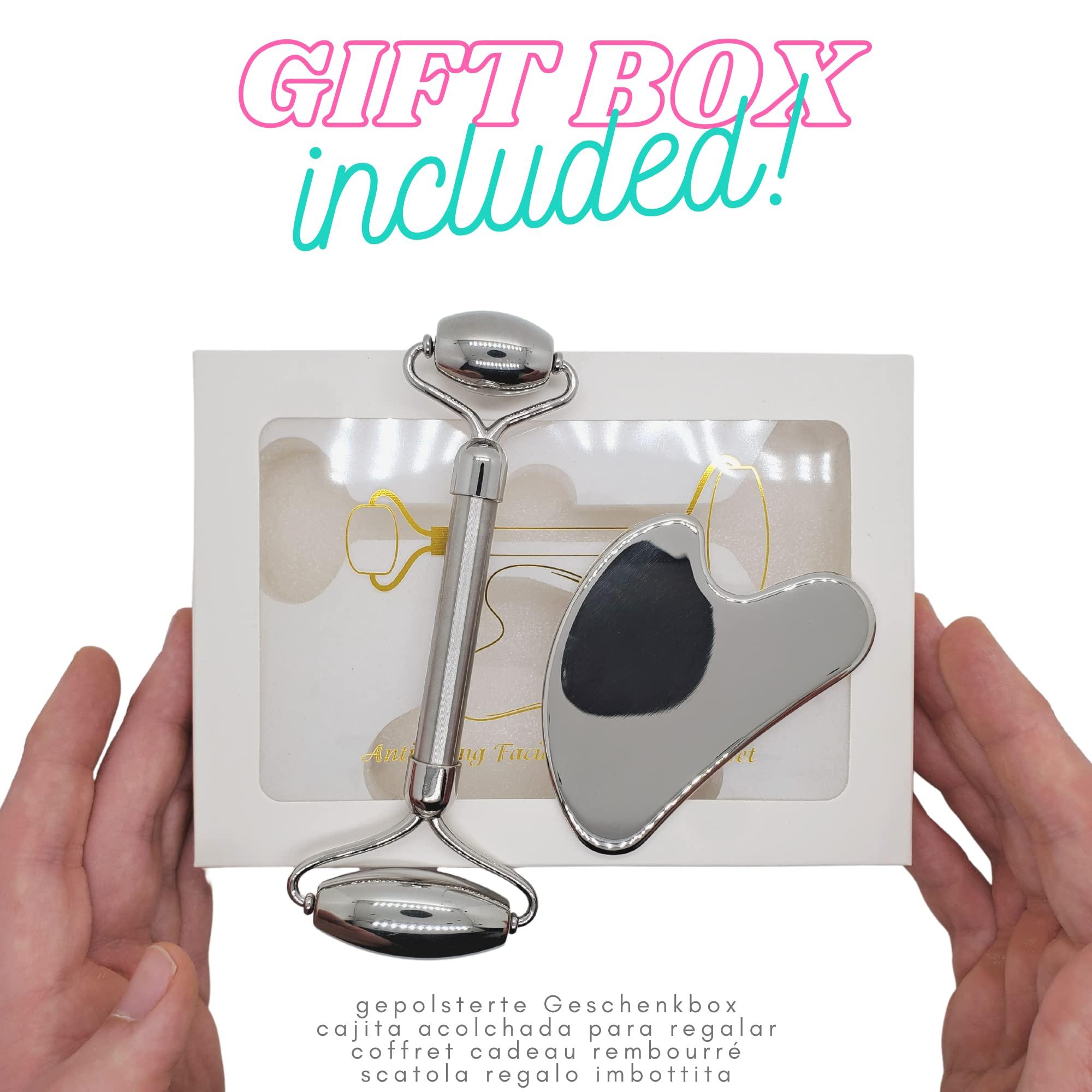 SV life Facial Roller + Gua Sha Stone Set 304 Stainless Steel | Metal Tools Kit for Body Massage, Face, Eyes, Chin, Back, Cellulite Legs | GuaSha Cold Effect Roller