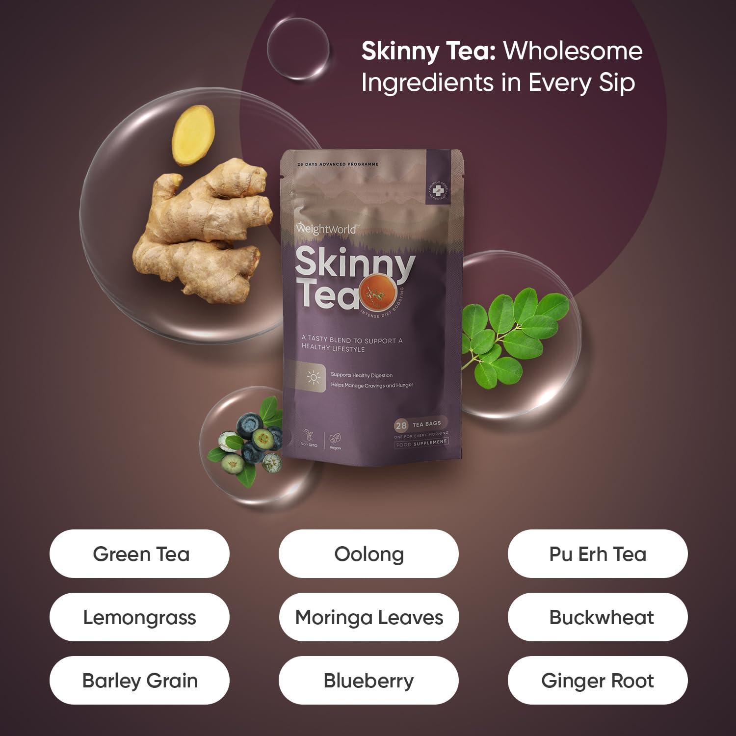 WeightWorld Skinny & Detox Tea Combo | Green Tea, Spearmint, Dandelion Root, Ginger, Lemongrass, Moringa & Oolong | For Morning & Night Routines | 56 Bags | 28 Days Programme | Zero-Calorie Herbal Blend