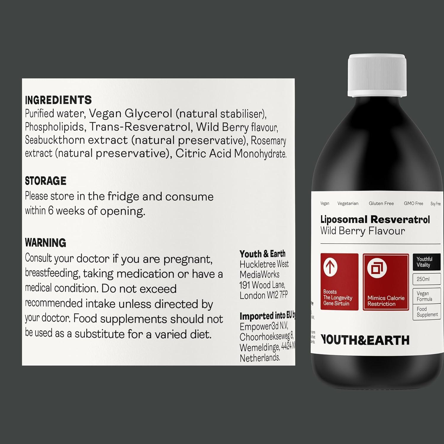 Youth & Earth Youth & Earth Liposomal Resveratrol 200mg - Liquid Resveratrol Supplements for Sirtuin Activation, Anti-Aging & Cellular Health with NAD+ Boosters, NMN or NR - Wild Berry Flavor (250ml)