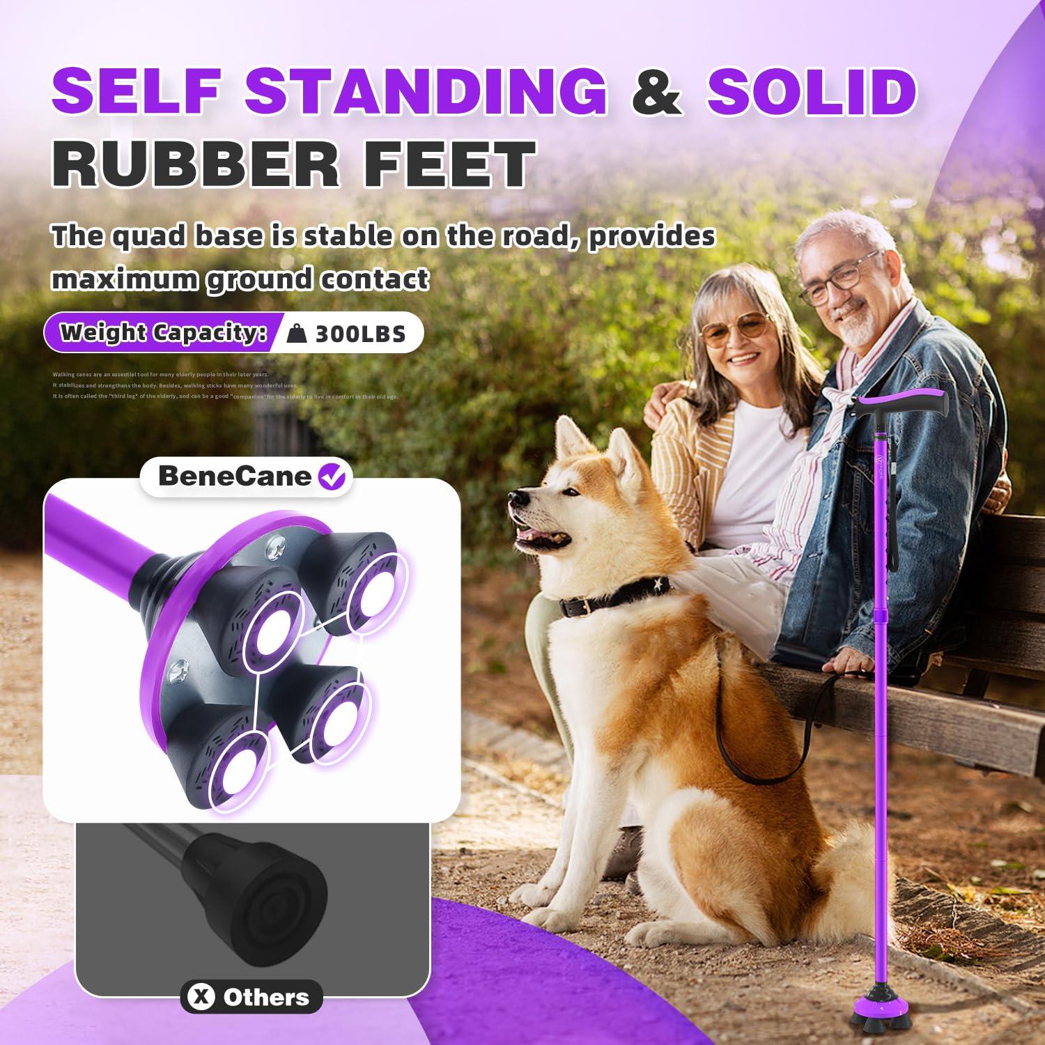 BeneCane BeneCane Walking Cane for Men & Women Walking Stick for Seniors Folding Canes Quad Cane Adjustable Lightweight Sturdy Free Standing Collapsible Heavy Duty with Soft TPR T-Handle and Travel Bag Purple