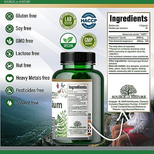 Source of Nature Source of Nature | Magnesium Taurate 625mg | 180 Capsules | 45-Day Supply | 50mg Elemental | High Bioavailability | Easy on The Stomach | Laboratory Tested