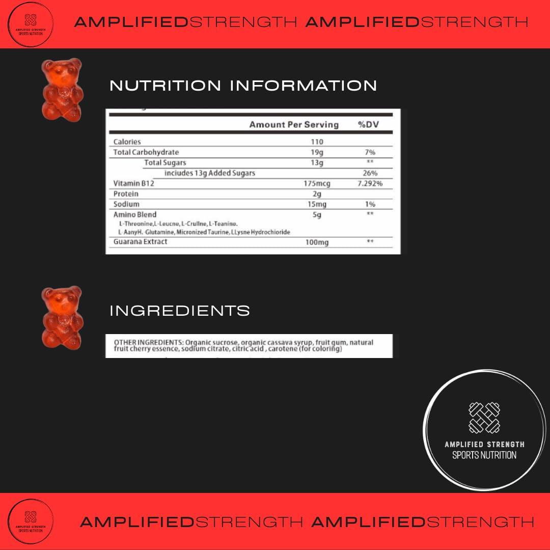 Amplified Strength Amplified Strength - Pre-Workout Gummies - 90 Gummies - Cherry Flavour - B12 - Amino - Guarana - Fitness - Workout - Gym
