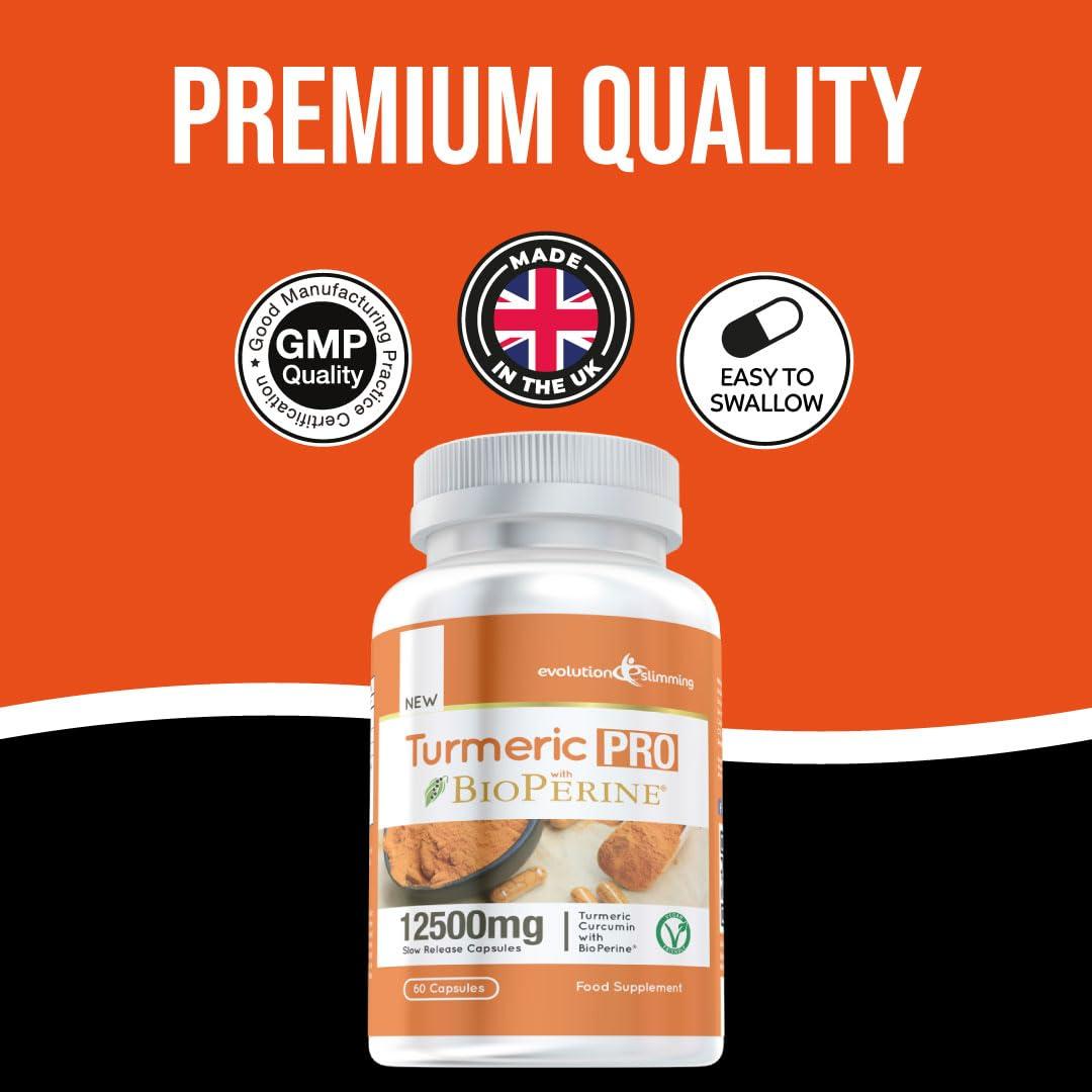 Evolution Slimming Turmeric Pro with BioPerine 12,500mg 95% Curcuminoids, Suitable for Vegetarians, 60 Capsules - Advanced Tumeric Capsules