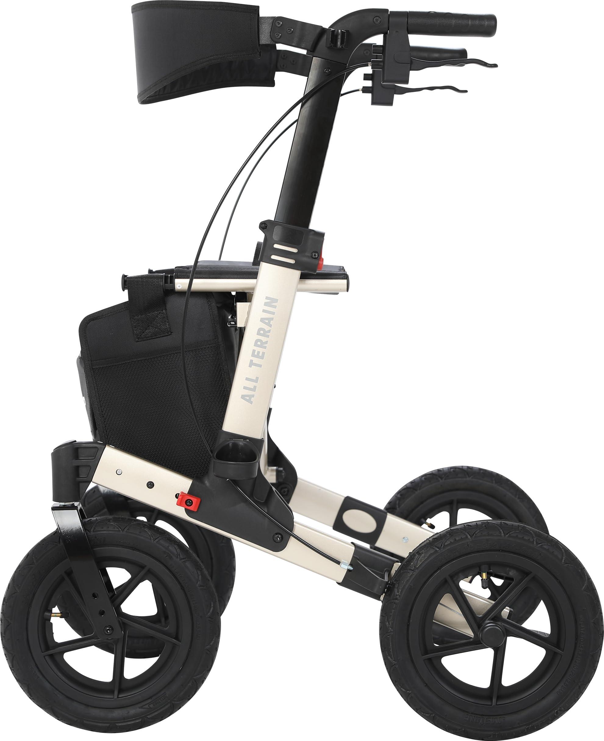 MobiQuip MobiQuip All Terrain 4 Wheel Walker with Seat, Folding Rollator with Large Wheels, Lightweight and Easy to Manoeuvre Over All Terrains, Walker for Adults Mobility or Walking Aid (Champagne)