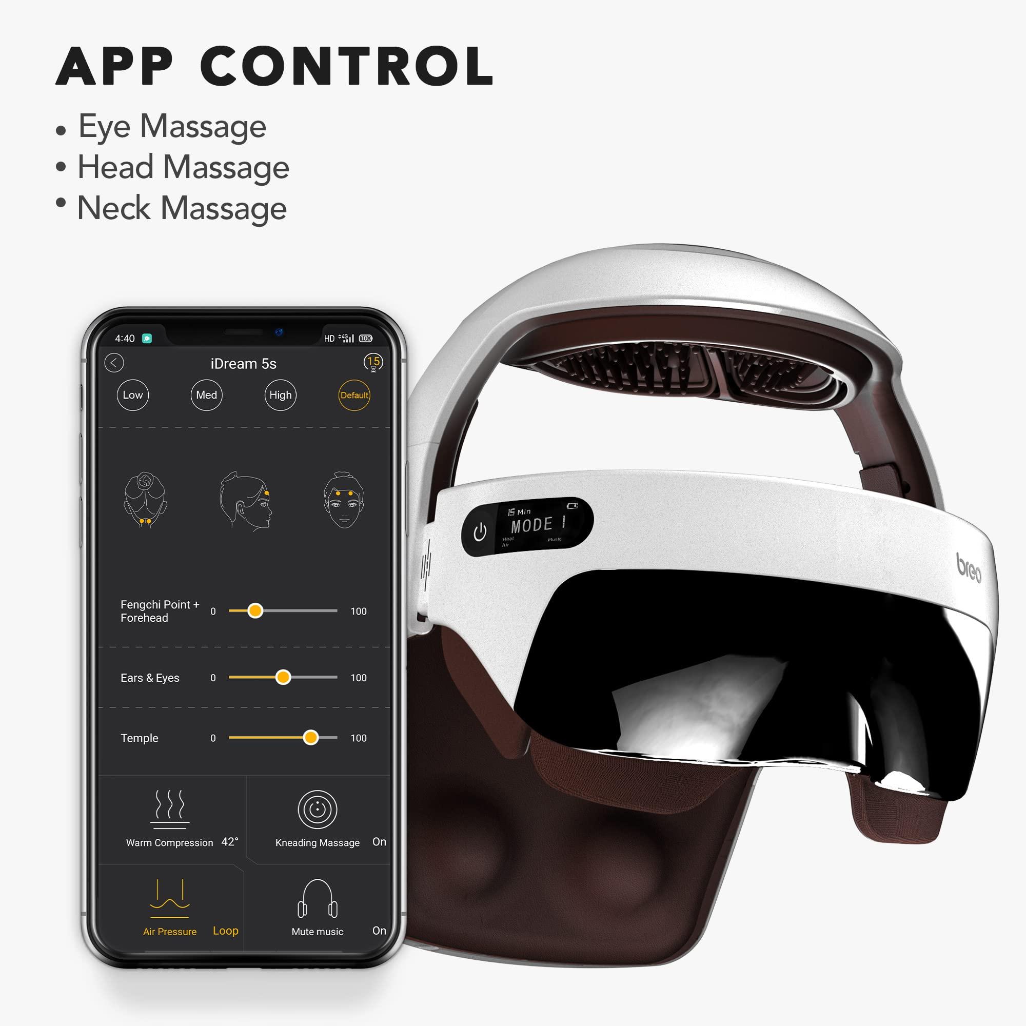 breo Breo iDream5s Electric Head Massager, Eye & Neck Massage Helmet with Heat, Kneading, Air Compression, APP Control Scratcher for Headache, Stress Relief, Deep Sleeping