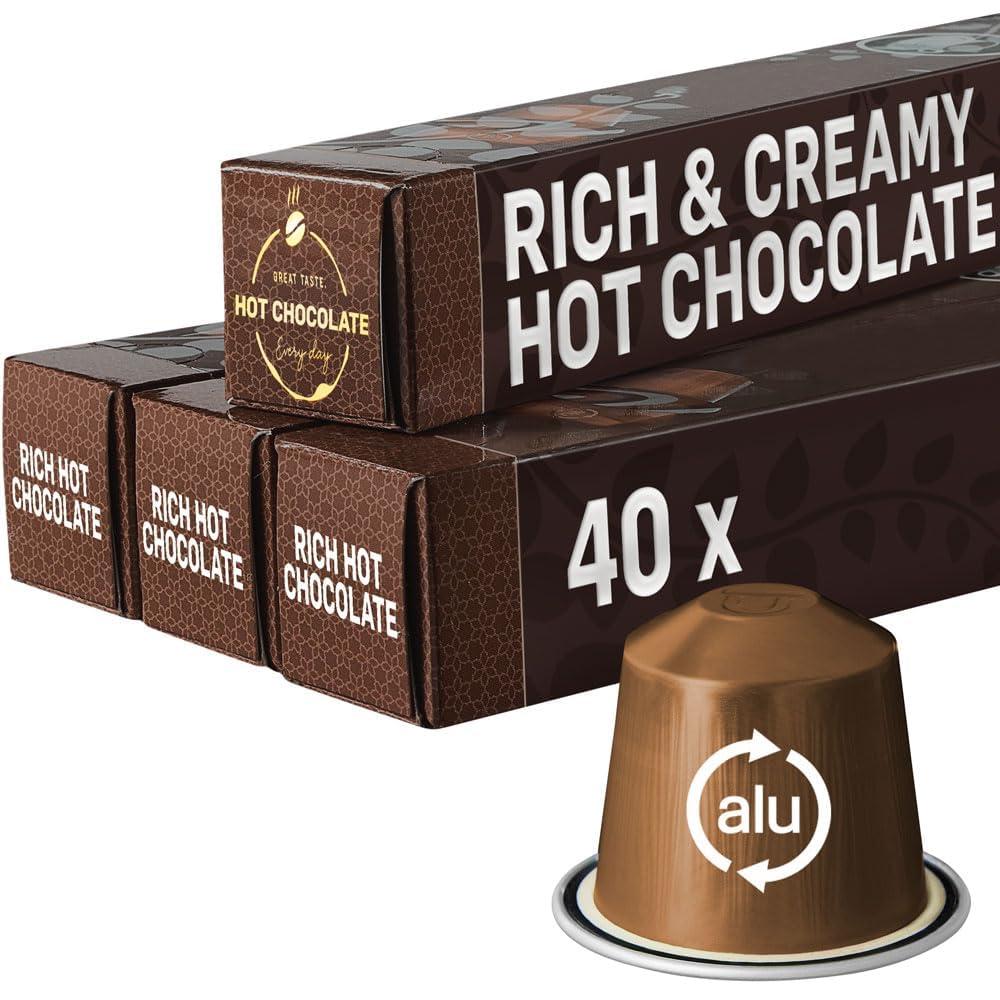 Real Coffee RICH & CREAMY Hot Chocolate Pods | Compatible with Nespresso | 40 Dark Chocolate Alu capsules | Perfect for a delicious Caf Mocha or the kids