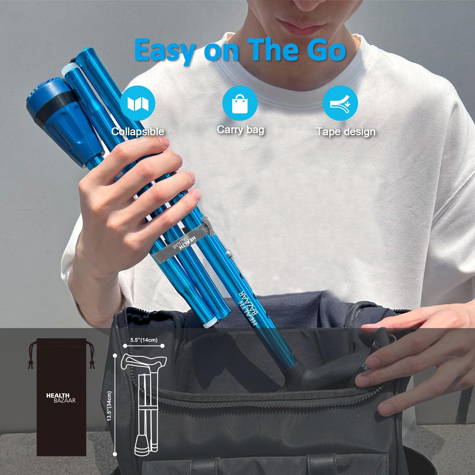 HEALTHBAZAAR HEALTHBAZAAR All Terrain Walking Cane for Men & Women, Lightweight, Foldable, Adjustable, Shock Absorption, Collapsible Walking Stick for Seniors & Adults | HealthBazaar (Black)