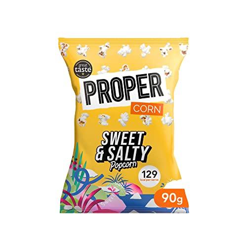 PROPER PROPERCORN Sweet & Salty Popcorn, 90g x 8, Sharing Bags, Natural Sea Salt and Demerara Sugar Seasoning, Vegetarian & Gluten-Free, 135 kcal per portion