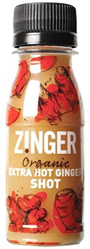 Zinger Zinger extra hot ginger shot (Pack of 15 x 70ml). Organic plant based shot with 27.9g of pressed ginger juice. Natural kick in a pocket-sized format with no added sugar.