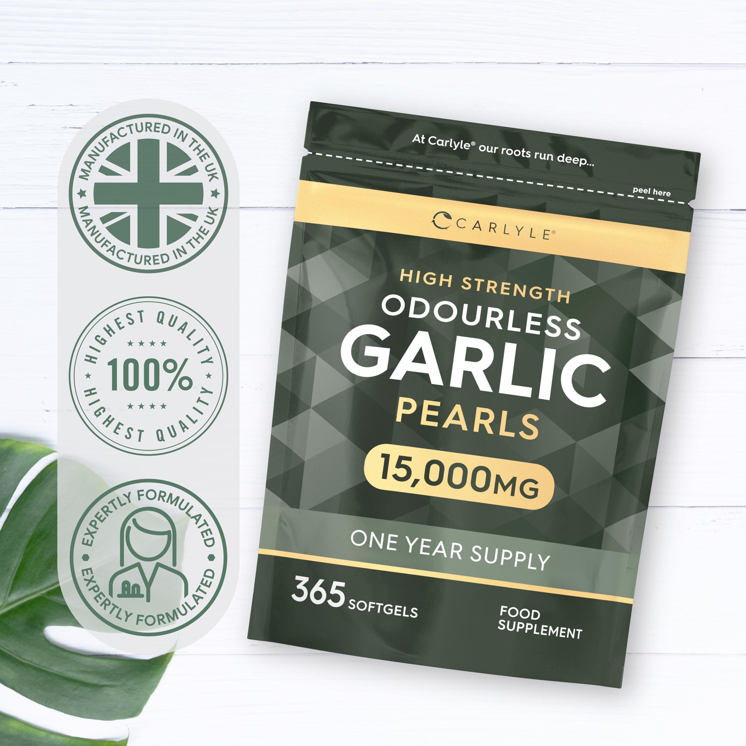 Carlyle Odourless Garlic Capsules 15,000mg | 365 Count (1 Year Supply) | High Strength Garlic Oil Pearls with Allicin | No Artificial Preservatives | by Carlyle