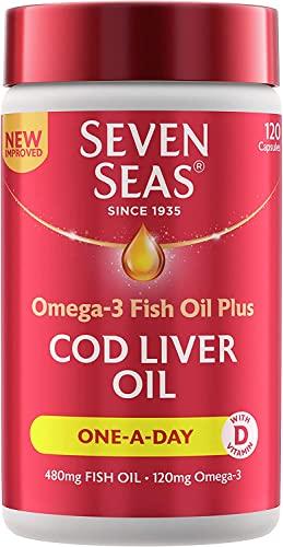 Seven Seas Seven Seas Cod Liver Oil Tablets with Omega-3, Fish Oil, One A Day, 4 Months Supply (120 Capsules), EPA & DHA, with High Strength Vitamin D & A (Pack of 2)
