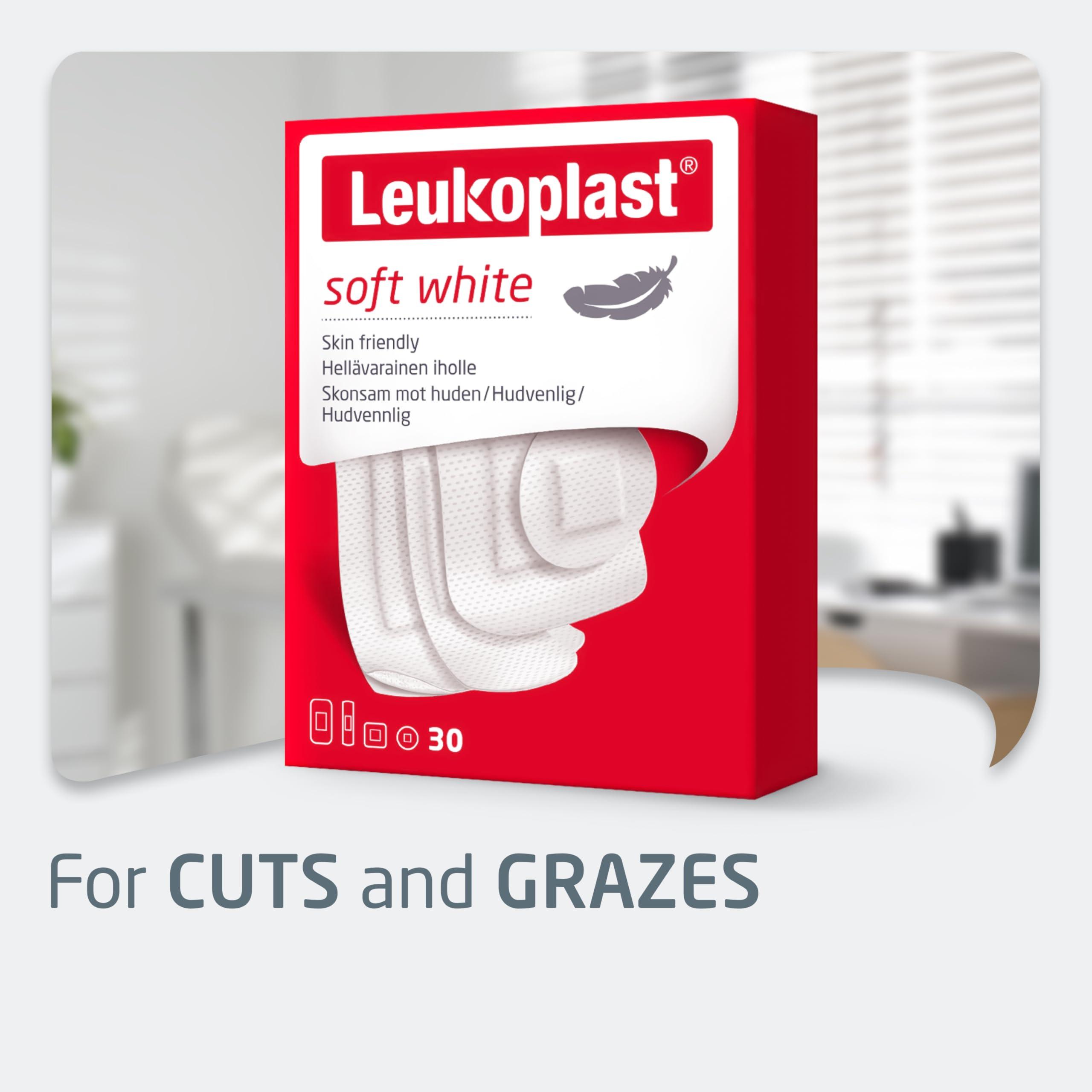Leukoplast Leukoplast Soft White - Non-Sterile Wound Dressing Strips - Skin-Friendly, Breathable and Absorbent, First-aid Plasters - White - 2 Assorted Sizes - Box of 30