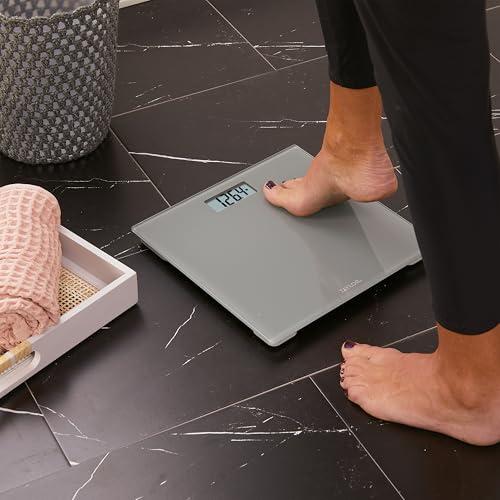 Taylor Taylor Digital Scales for Body Weight, Highly Accurate 350 LB Capacity Bathroom Scale, 11.0 x 11.0 Inch Durable Glass Platform, Battery Powered, Easy to Read, Gray